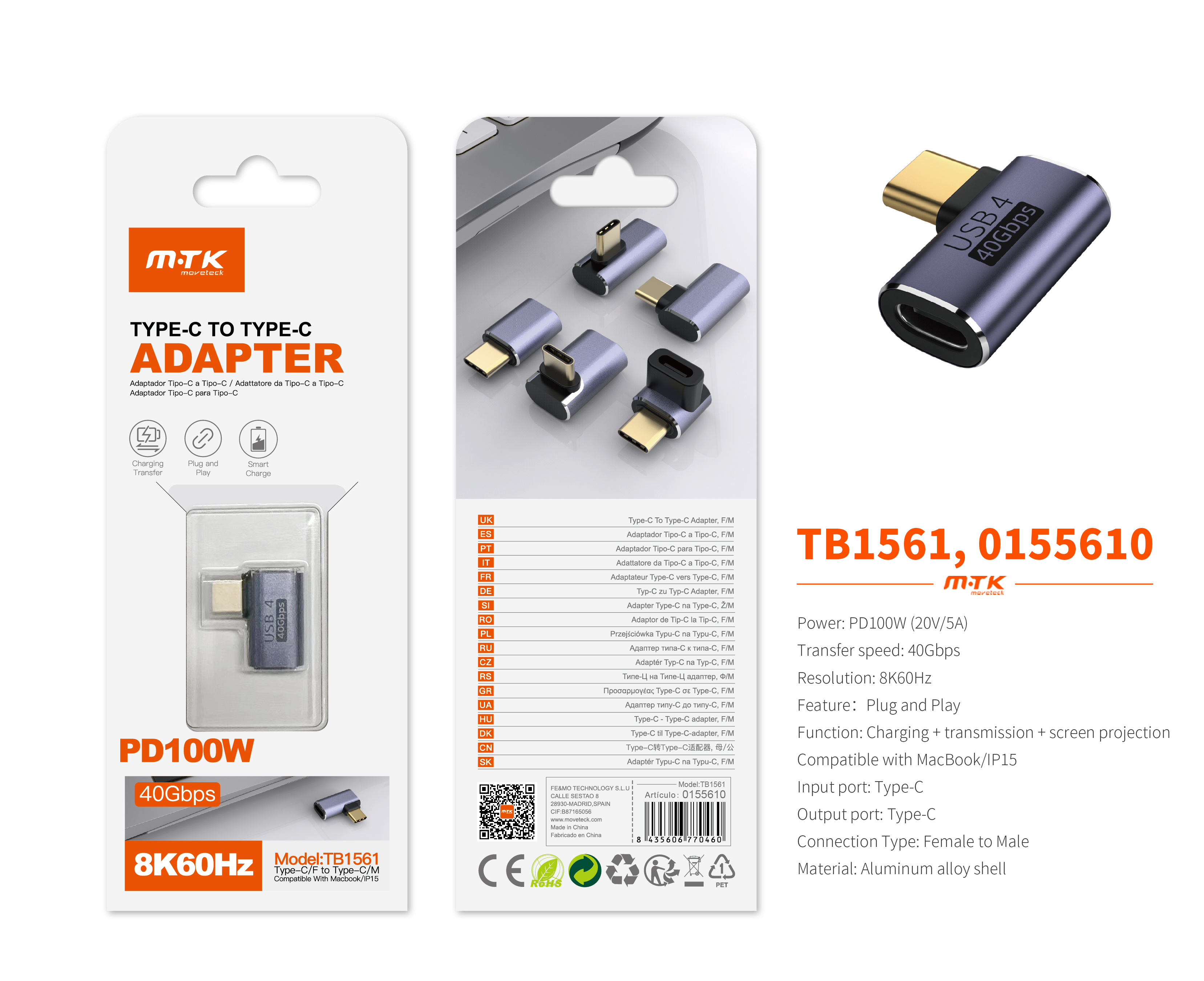 TB1561 MR Adaptador Type-C(Macho)a Type-C (Hembra), Soporta transmision de datos/videos/carga 40 Gbp