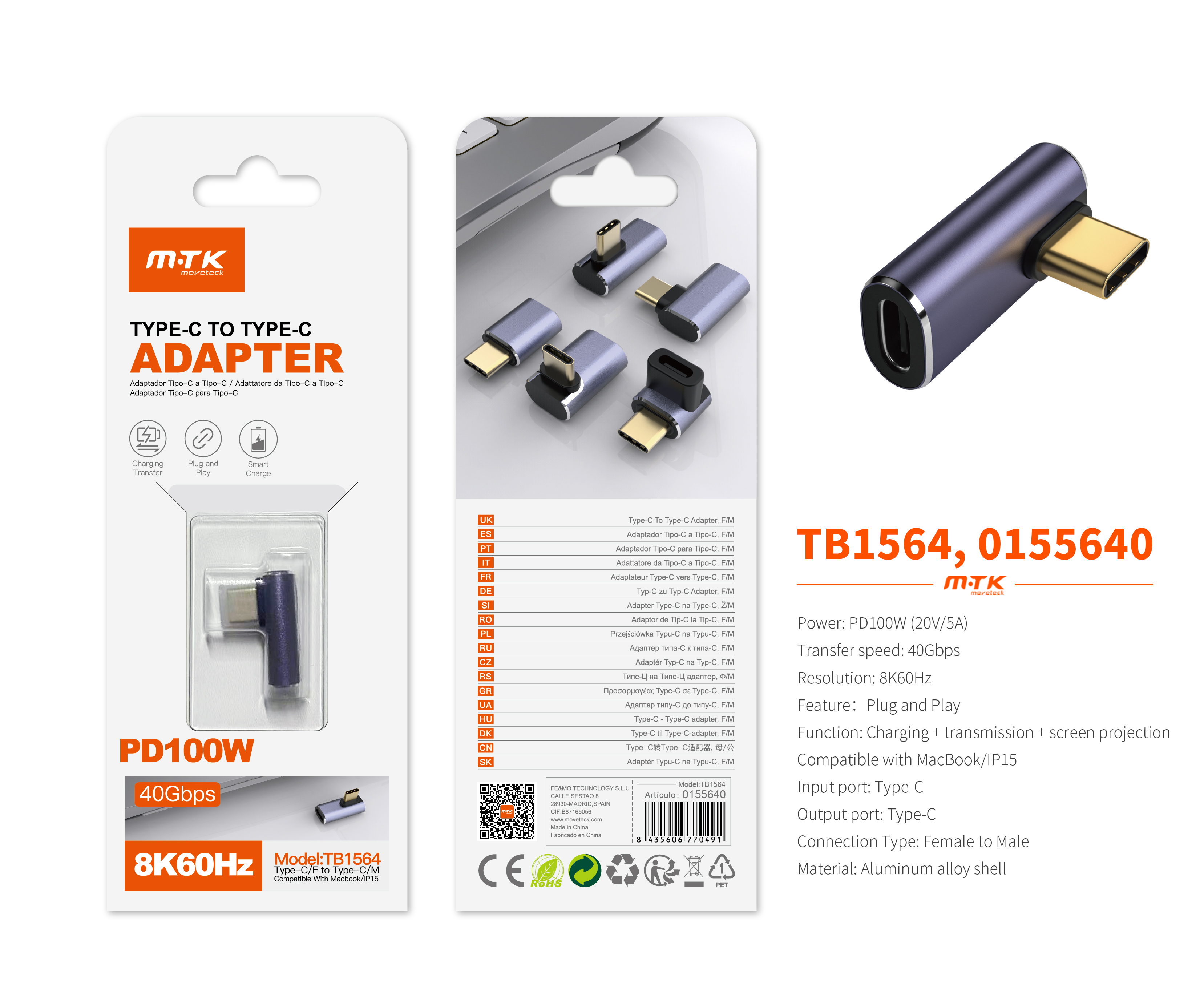 TB1564 MR Adaptador Type-C(Macho)a Type-C (Hembra), Soporta transmision de datos/videos/carga 40 Gbp