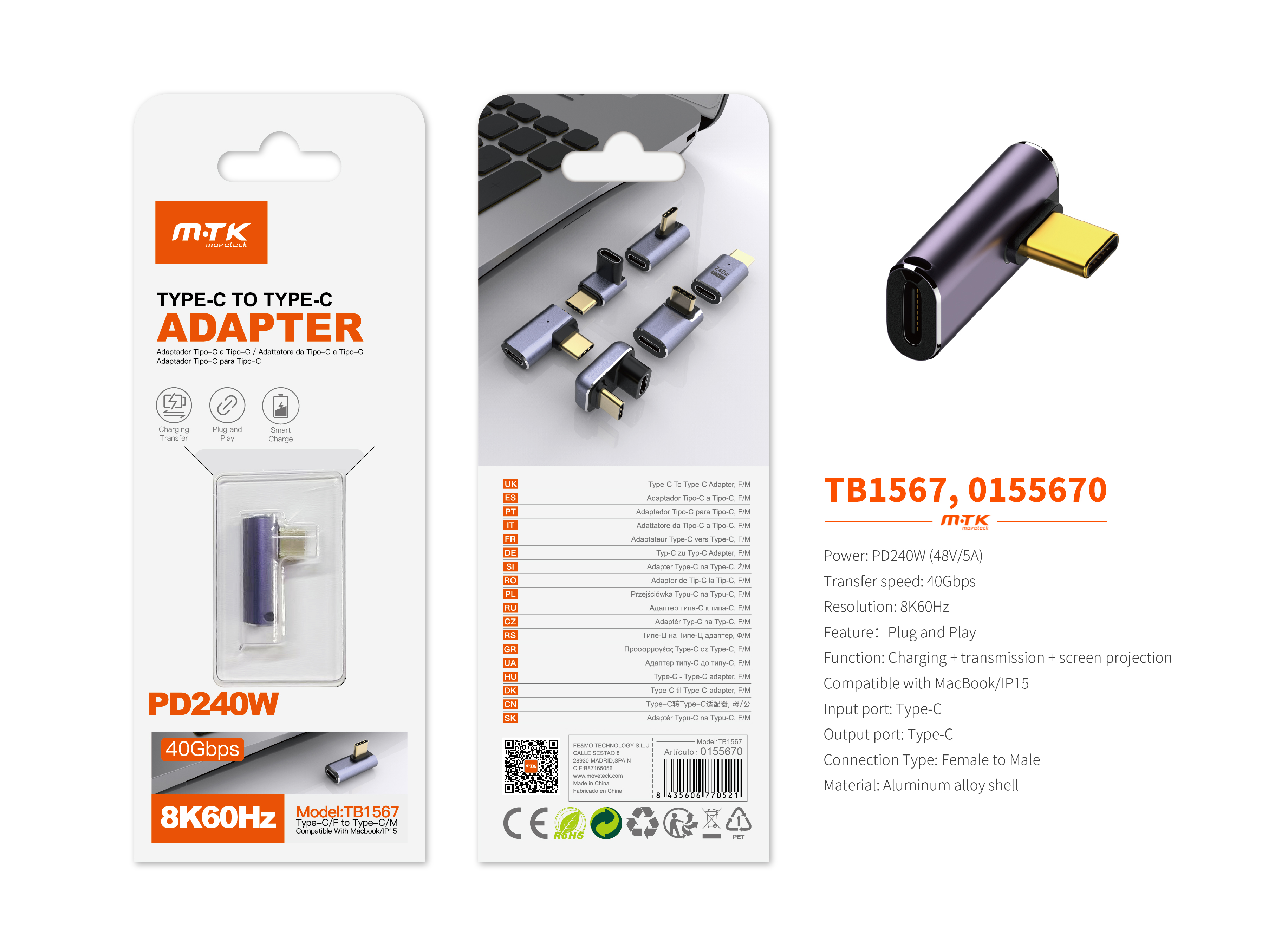 TB1567 MR Adaptador Type-C(Macho)a Type-C (Hembra), Soporta transmision de datos/videos/carga 40 Gbp