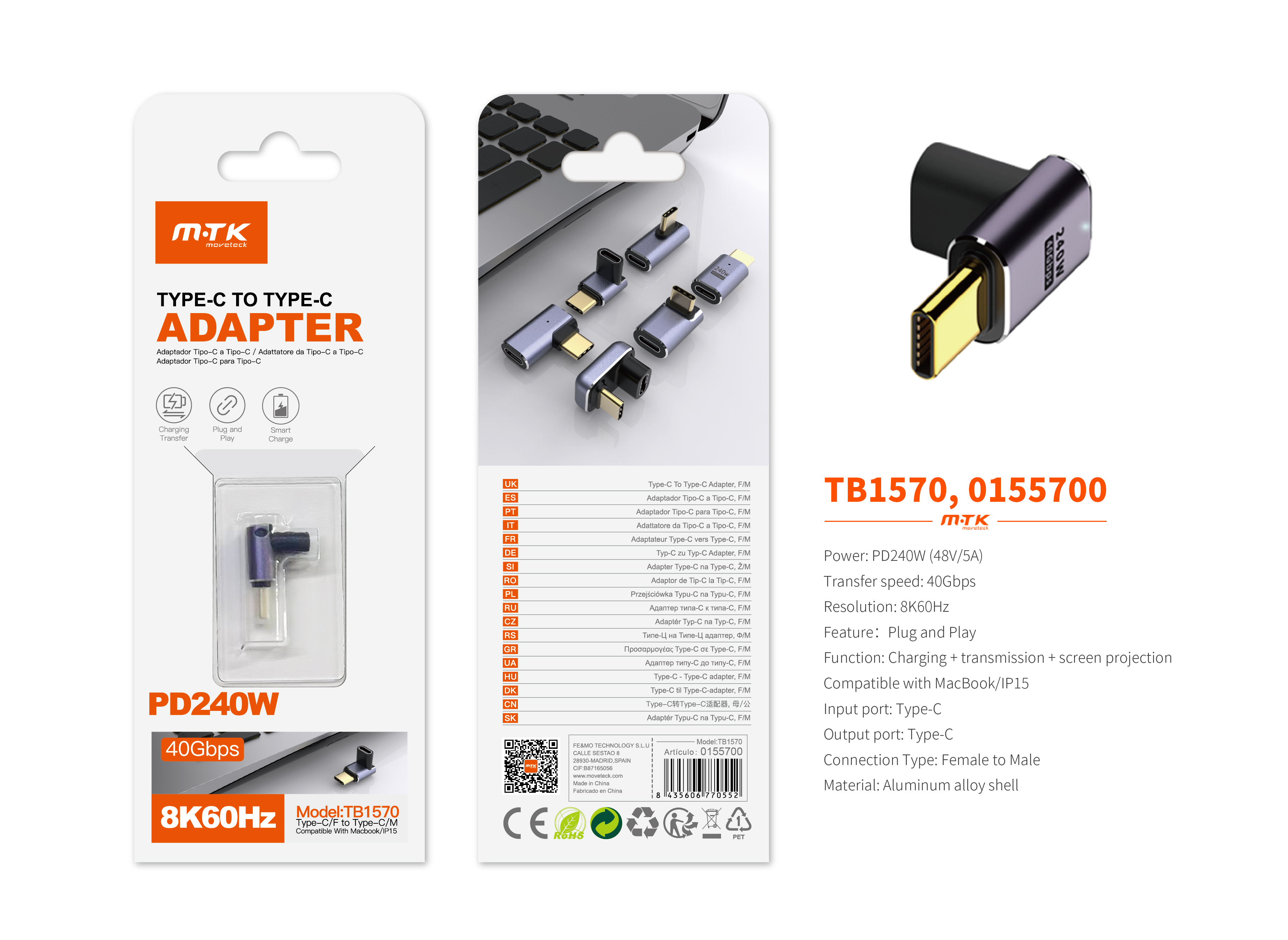 TB1570 MR Adaptador Type-C(Macho)a Type-C (Hembra), Soporta transmision de datos/videos/carga 40 Gbp