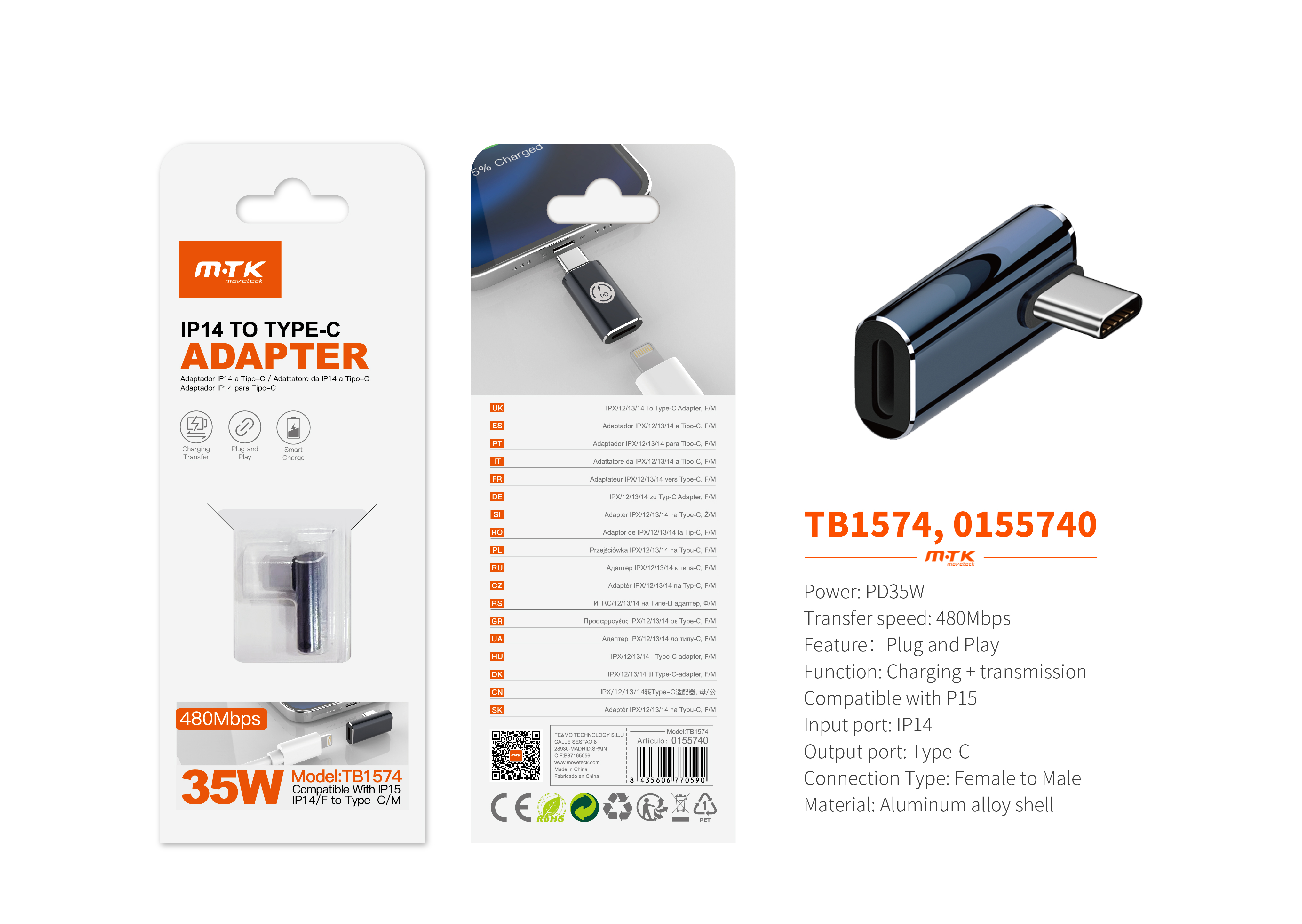 TB1574 AZ Adaptador Type-C(Macho)a lightning (Hembra), Soporta transmision de datos+carga 480Mbps/35