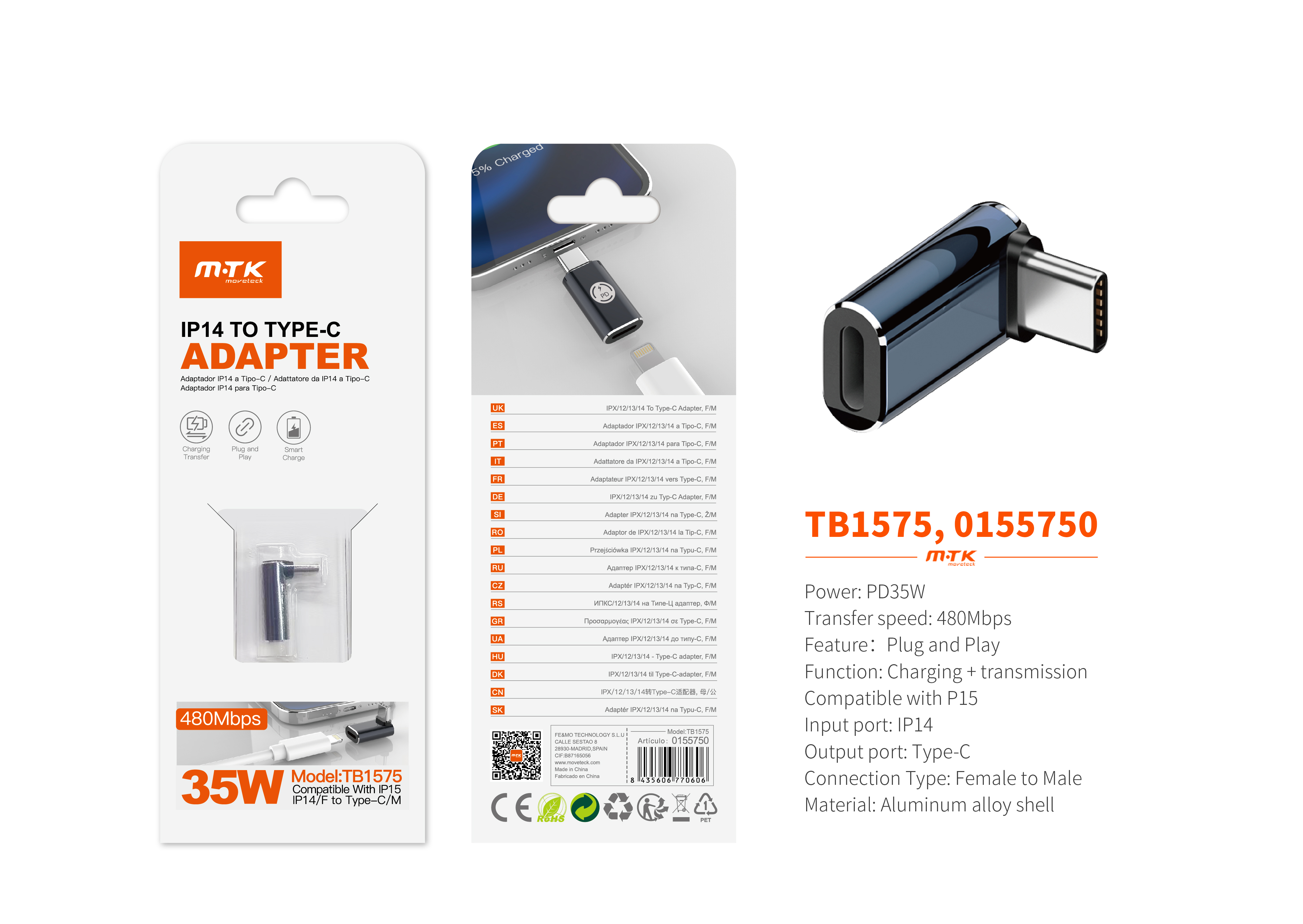 TB1575 AZ Adaptador Type-C(Macho)a lightning (Hembra), Soporta transmision de datos+carga 480Mbps/35