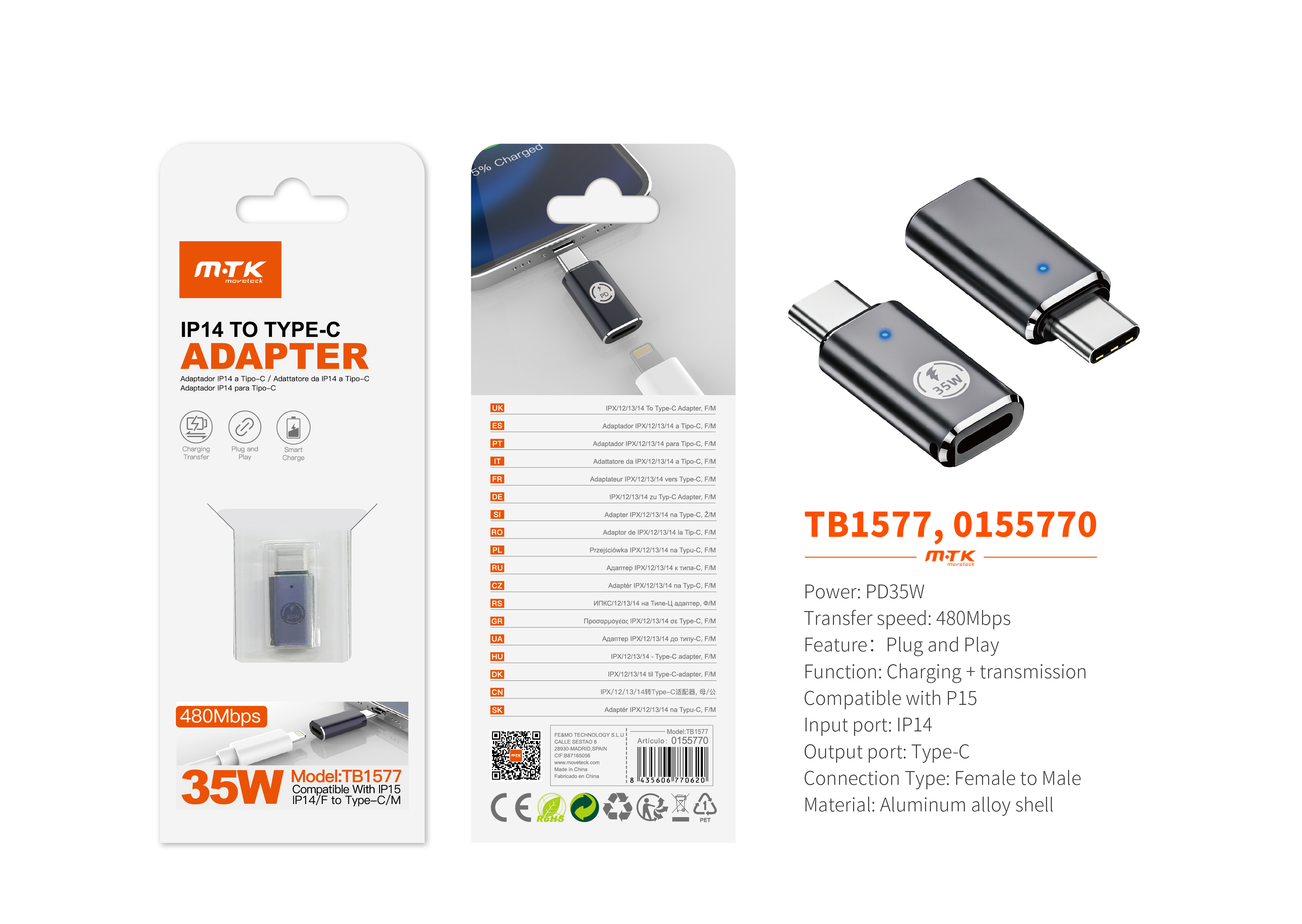 TB1577 GR Adaptador Type-C(Macho)a lightning (Hembra), Soporta transmision de datos+carga 480Mbps/35