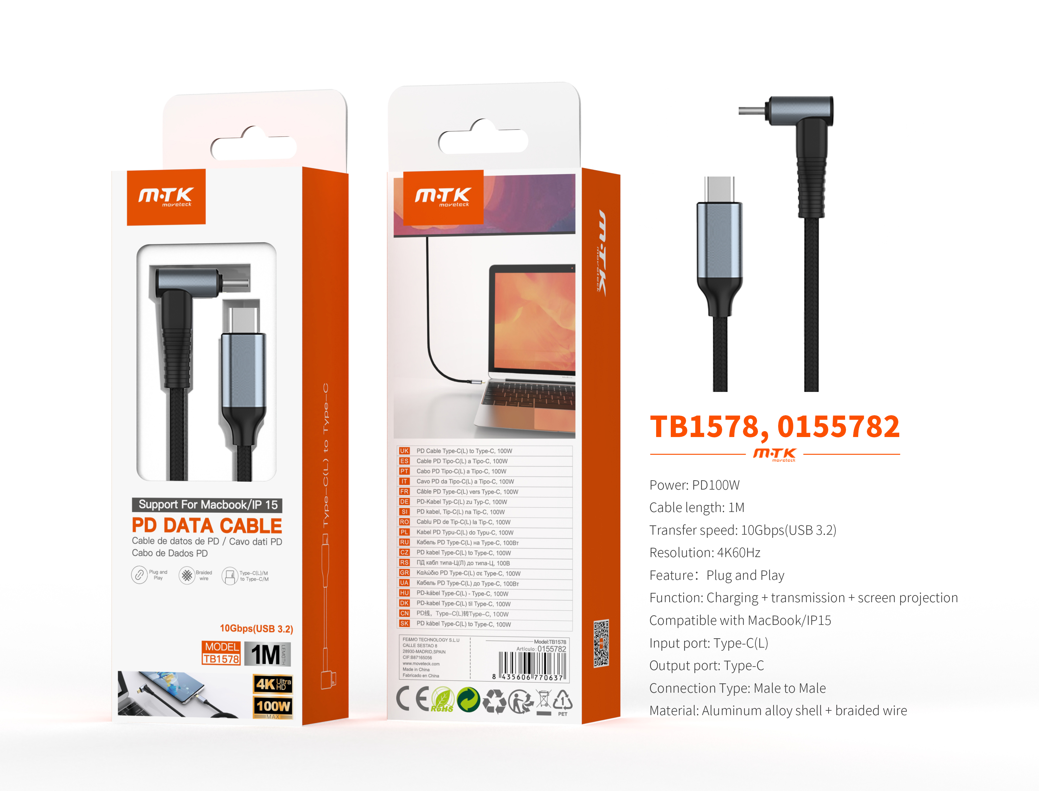 TB1578 NE Cable de Datos y Videos L 2en1 trenzado Mildred para Type C a Type-C Carga Rapida, USB3.2/