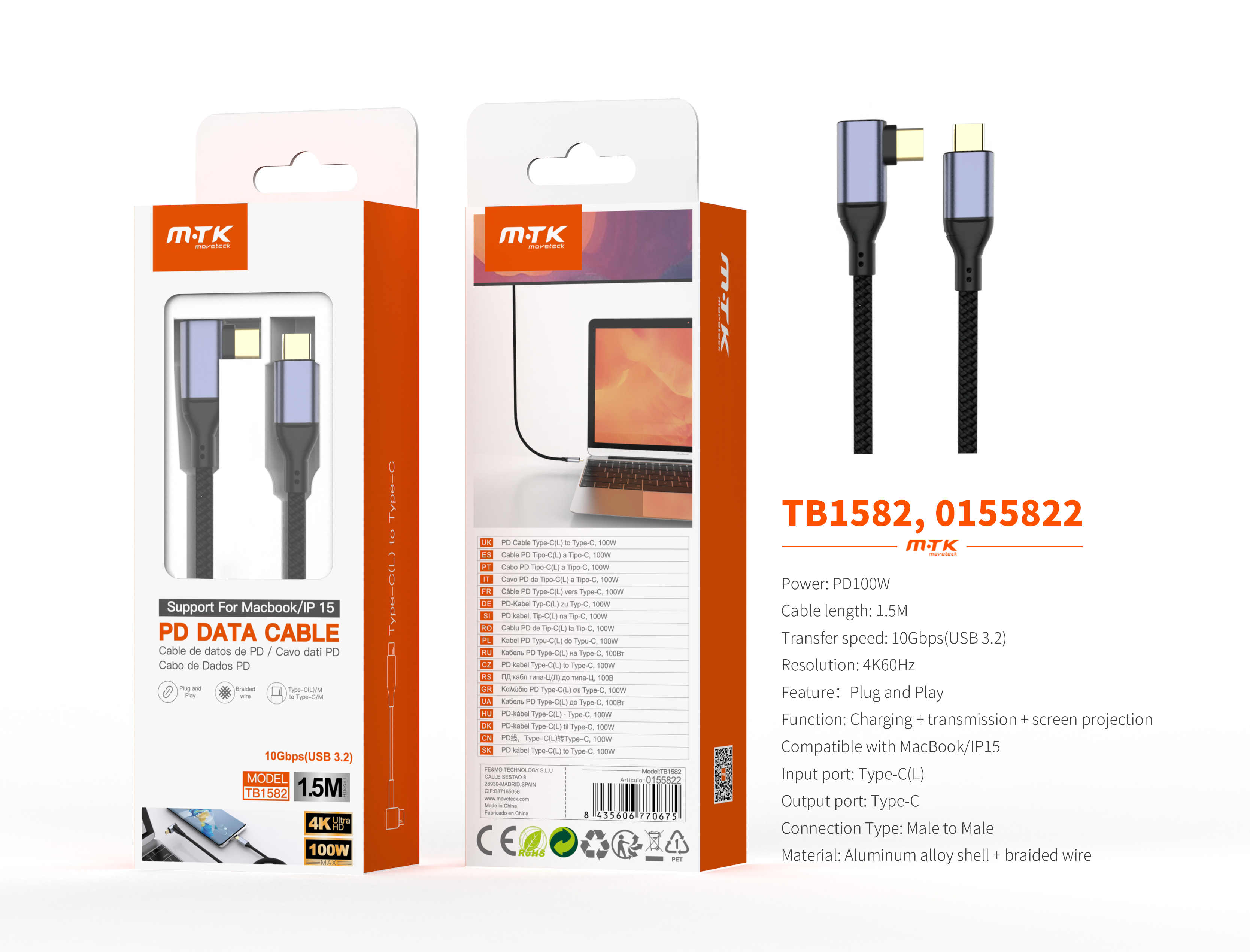 TB1582 NE Cable de Datos y Videos L 2en1 trenzado Mildred para Type C a Type-C Carga Rapida, USB3.2/