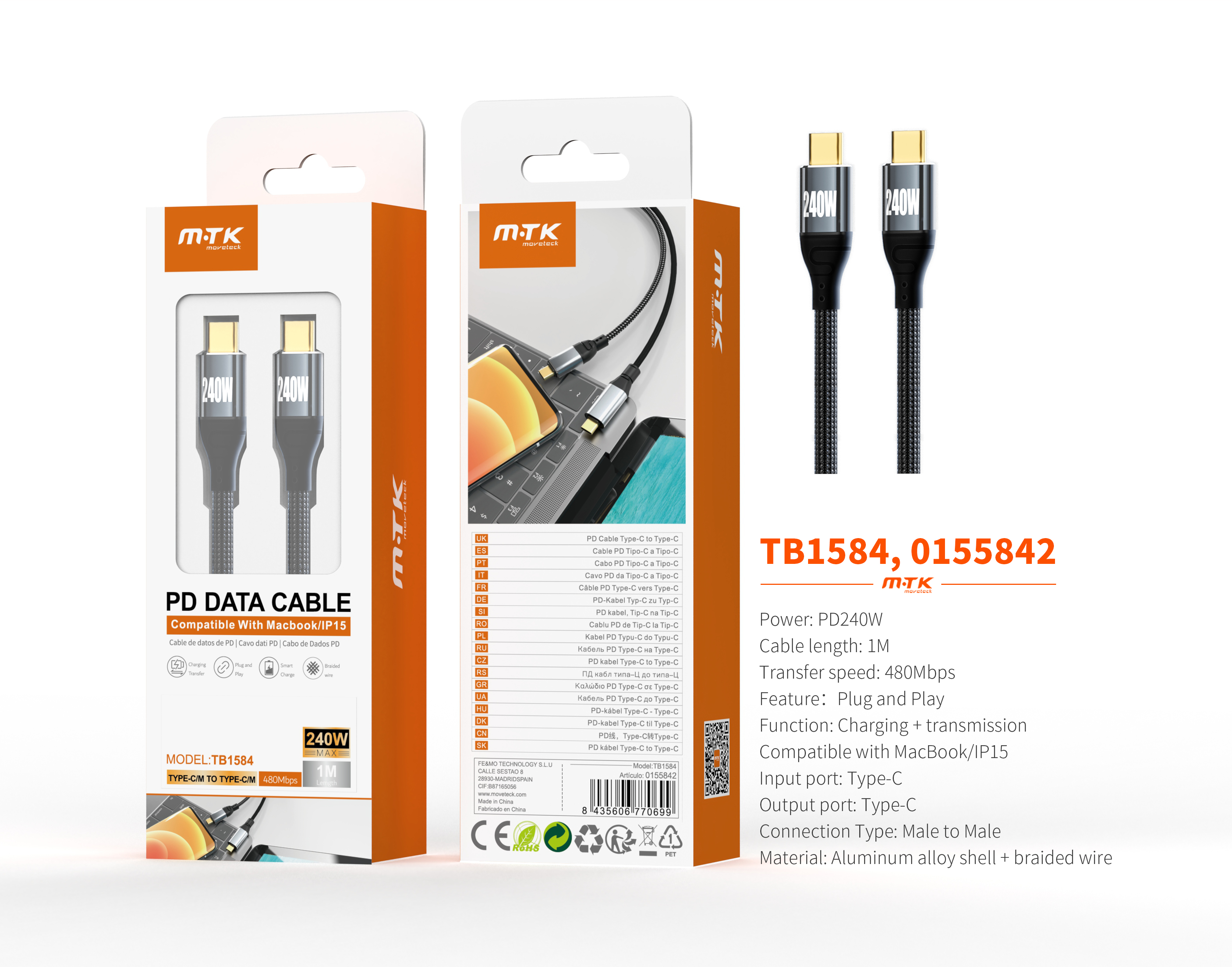 TB1584 NE Cable de datos Chay trenzado para Type-C a Type-C , Carga Rapida PD, 240W/480Mbps, 1M, Neg