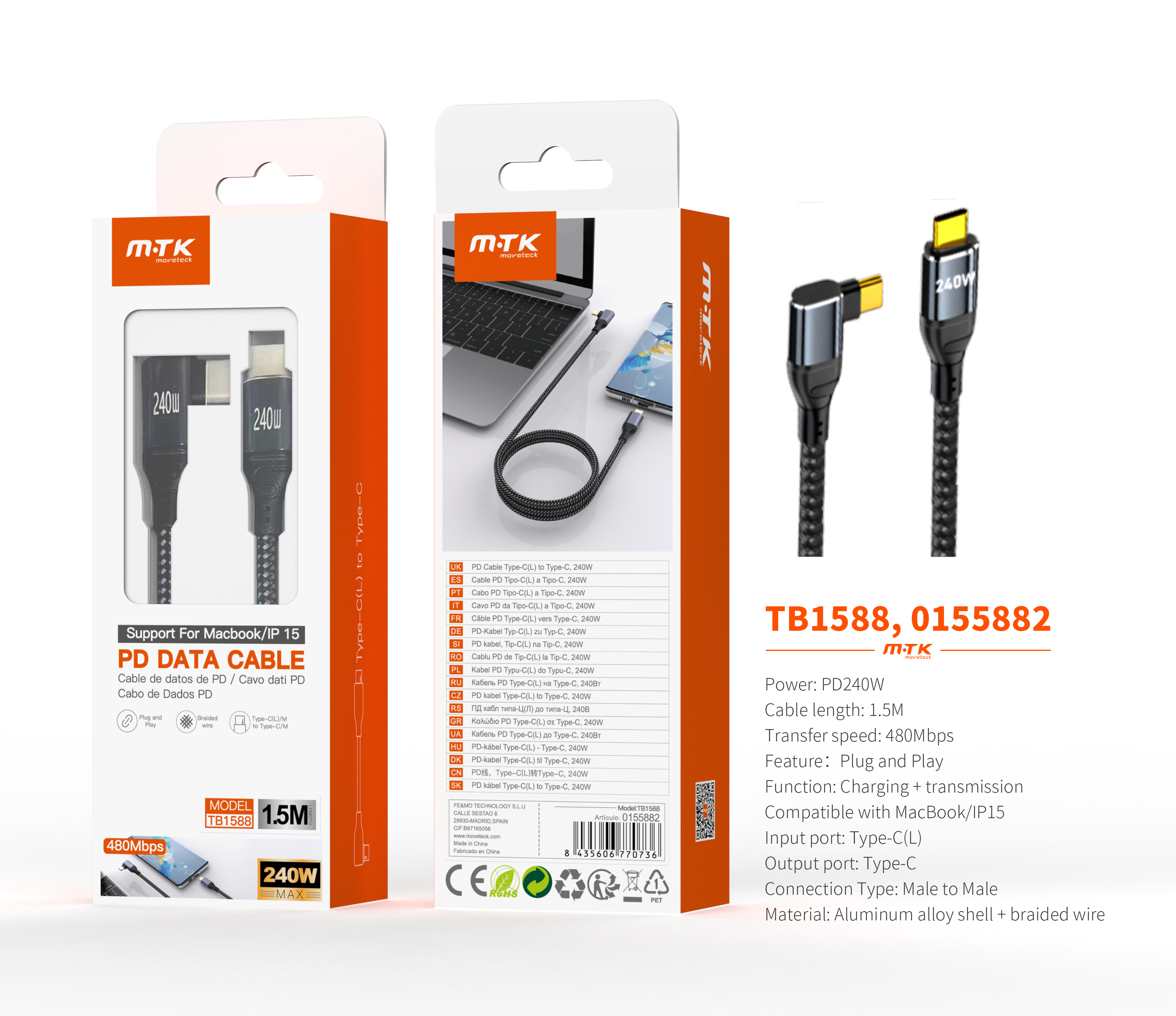 TB1588 NE Cable de datos L Chay trenzado para Type-C a Type-C , Carga Rapida PD, 240W/480Mbps, 1.5M,