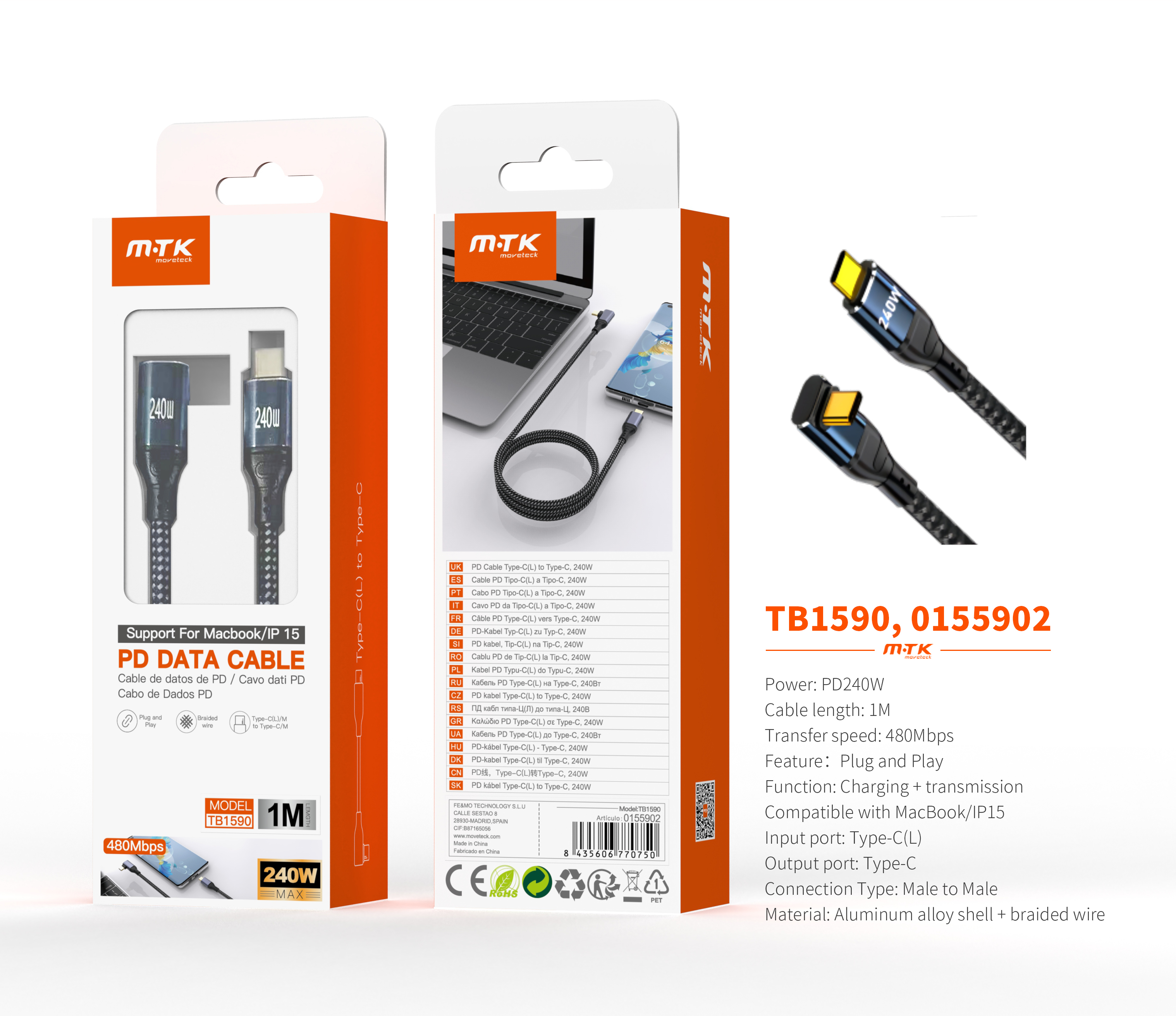 TB1590 NE Cable de datos L Chay trenzado para Type-C a Type-C , Carga Rapida PD, 240W/480Mbps, 1M, N