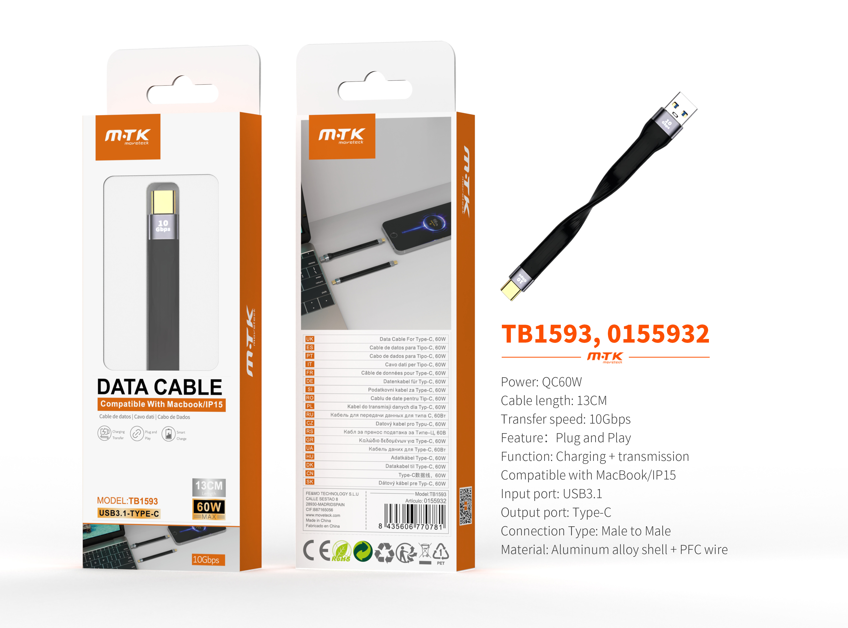 TB1593 Cable datos corto Pio QC USB-A a USB-C, Carga rapida 60W, USB3.1 Gen2/10Gbps£¬Soporta Apple£¬