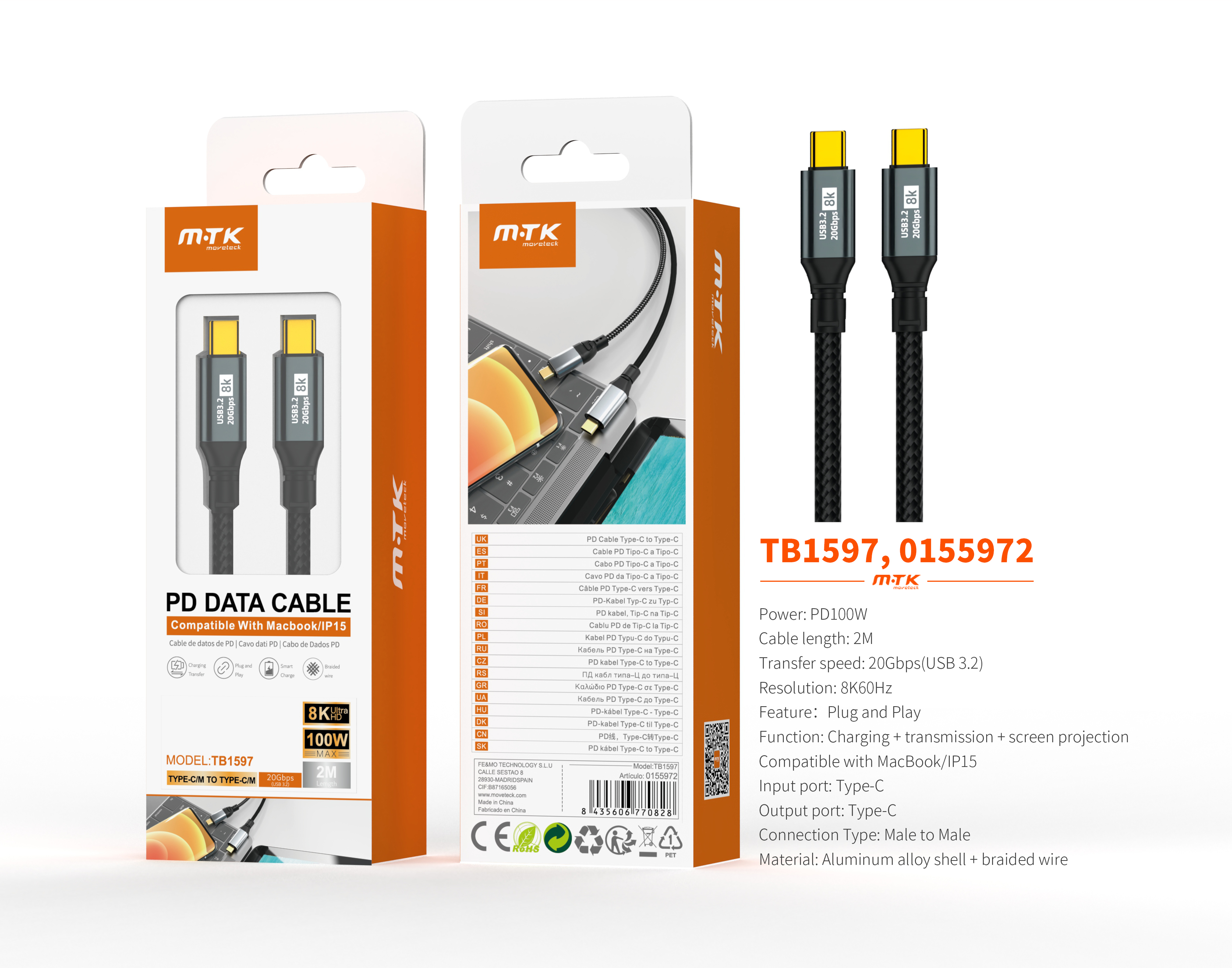 TB1597 NE Cable de Datos y Videos 2en1 trenzado Mildred para Type C a Type-C Carga Rapida, USB3.2/20