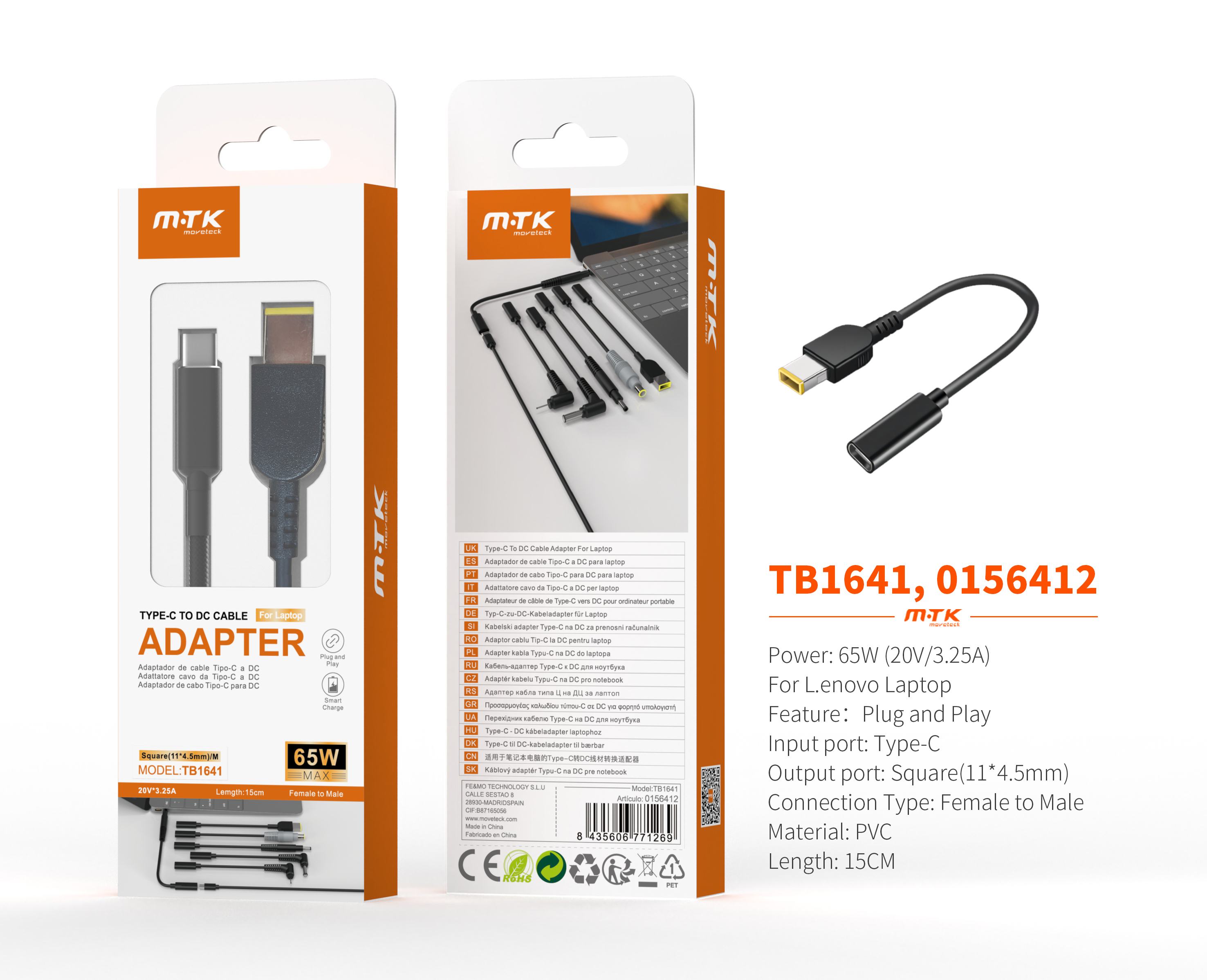 TB1641 NE Cable de carga USB-C (Hembra) a DC 11*4.5mm para portatil Lenova, 65W/20V/3.25A/15CM, Negr