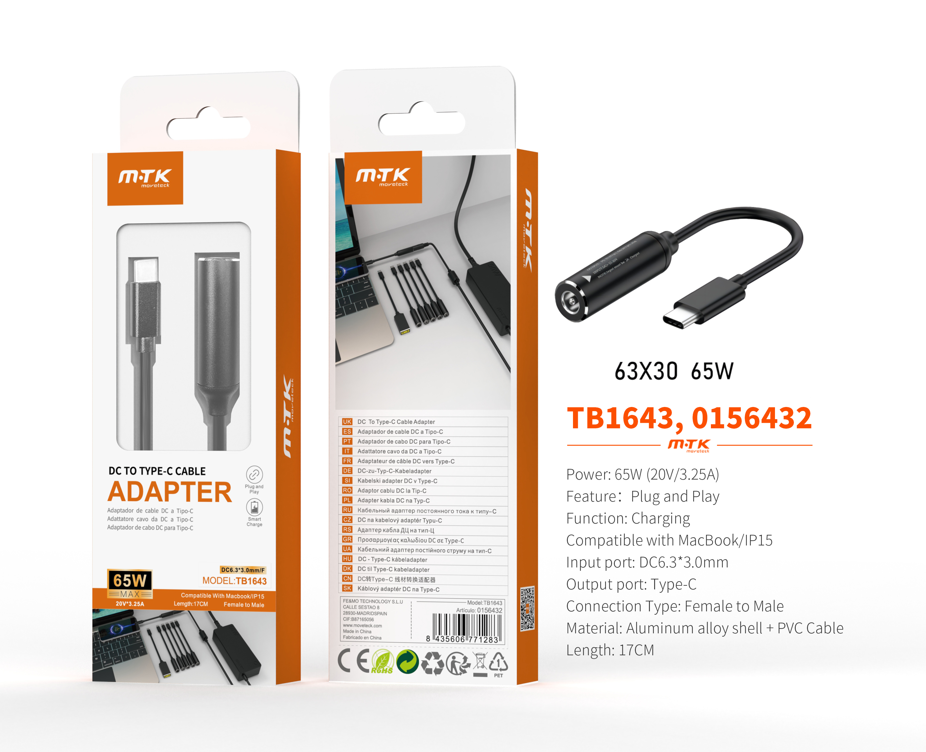 TB1643 NE Cable de carga USB-C  a DC 6.3*3.0mm para portatil, Soporta Apple, 65W/20V/3.25A/17CM, Neg