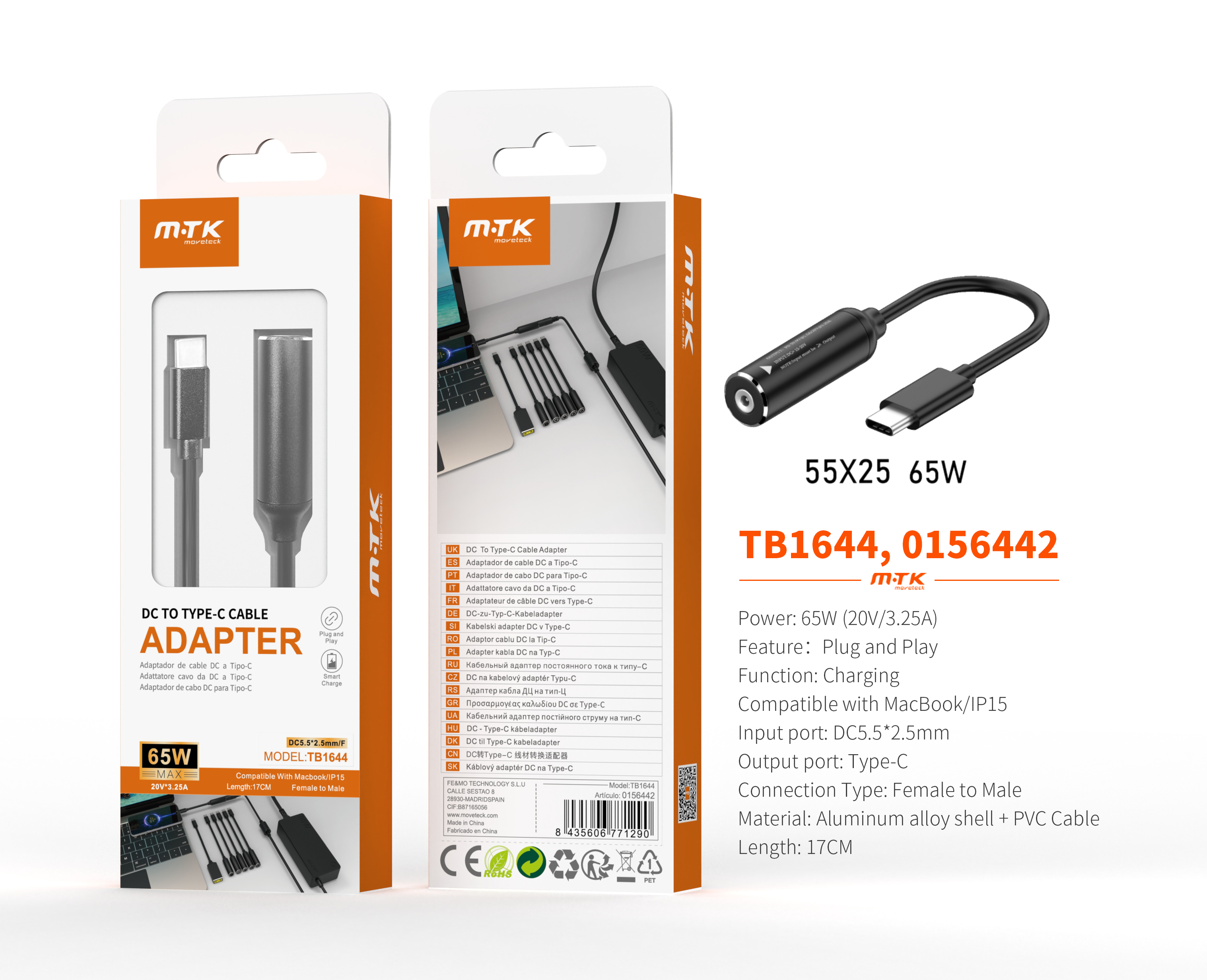 TB1644 NE Cable de carga USB-C a DC 5.5*2.5mm para portatil, Soporta Apple, 65W/20V/3.25A/17CM, Negr