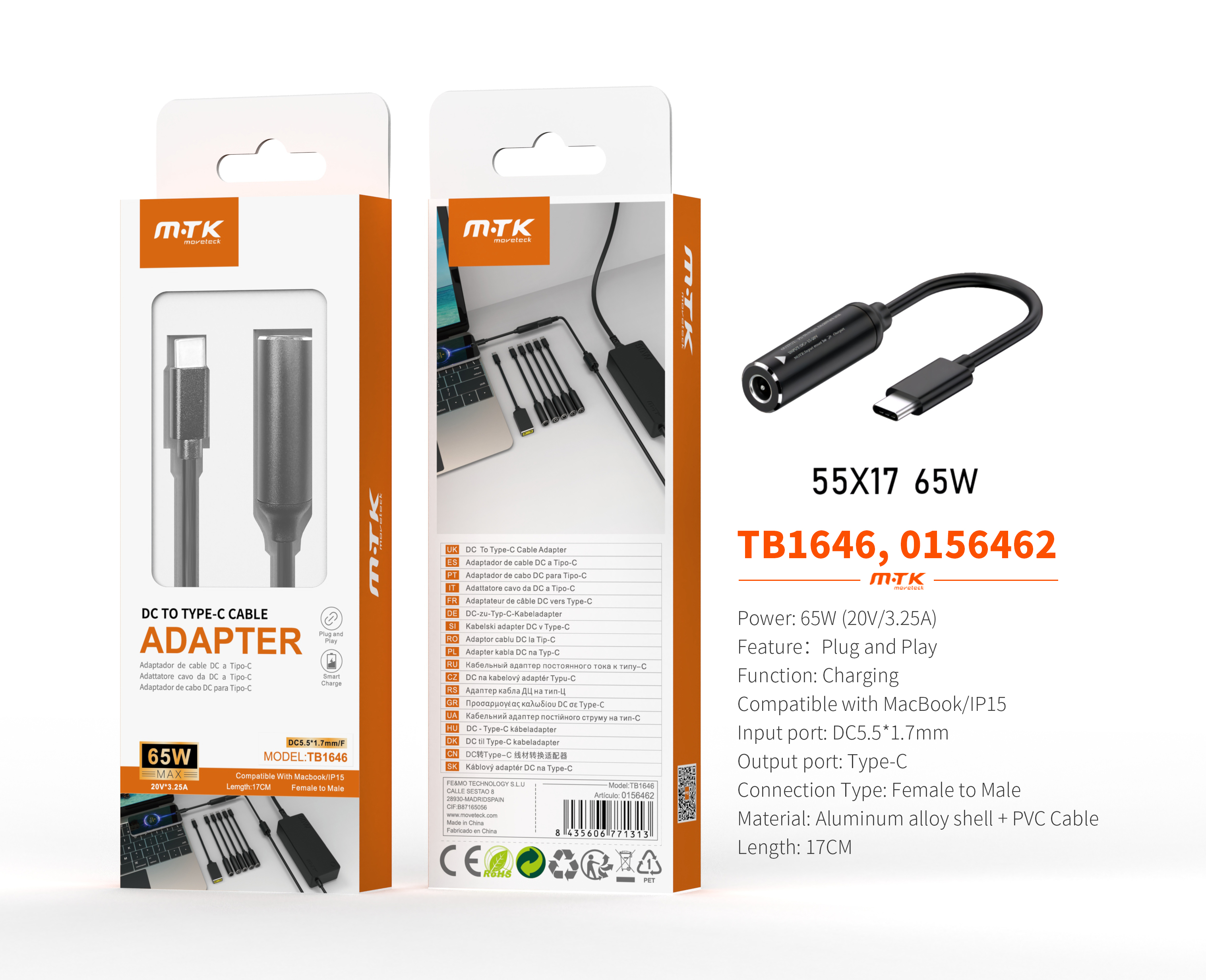 TB1646 NE Cable de carga USB-C a DC 5.5*1.7mm para portatil, Soporta Apple, 65W/20V/3.25A/17CM, Negr