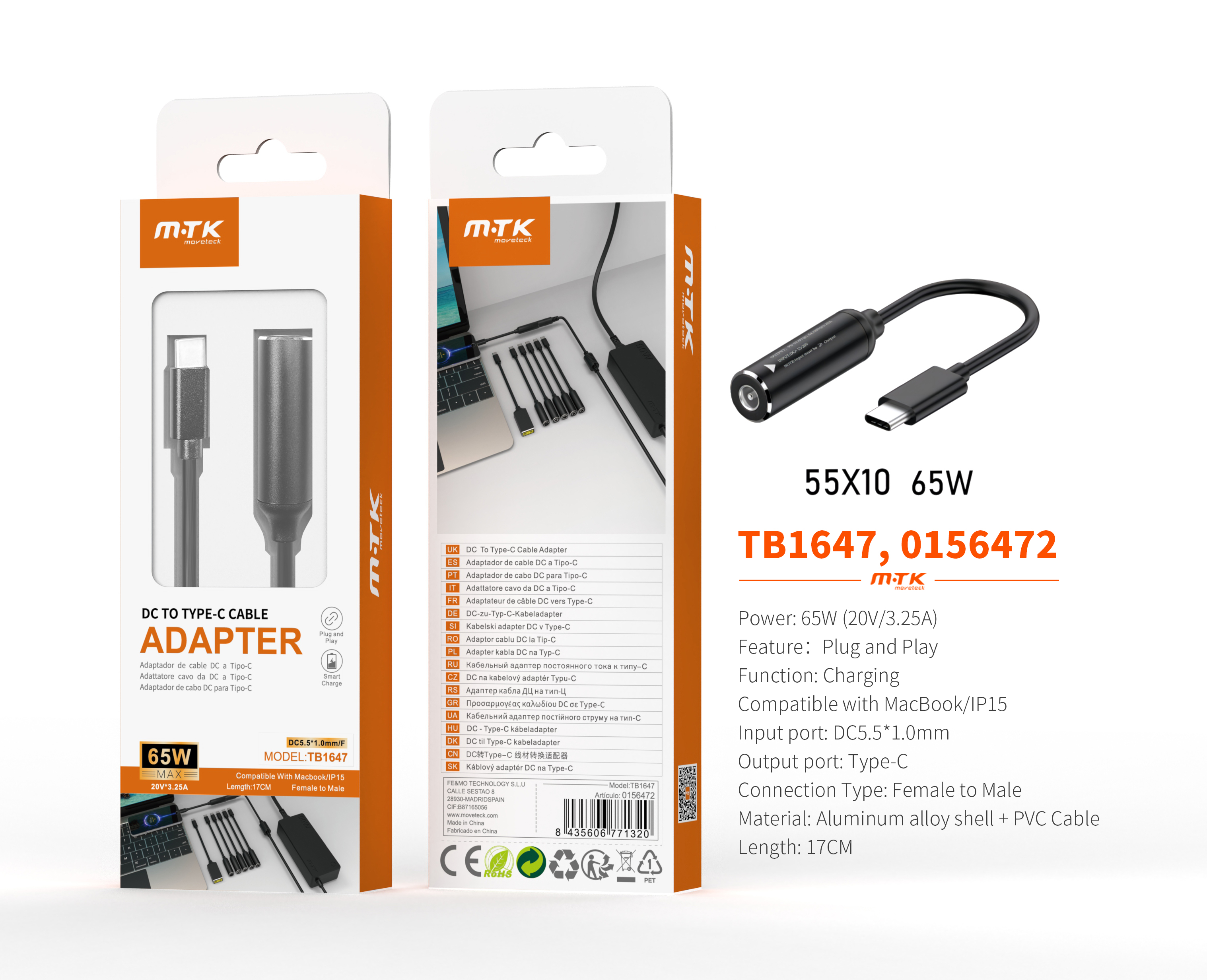 TB1647 NE Cable de carga USB-C a DC 5.5*1.0mm para portatil, Soporta Apple, 65W/20V/3.25A/17CM, Negr