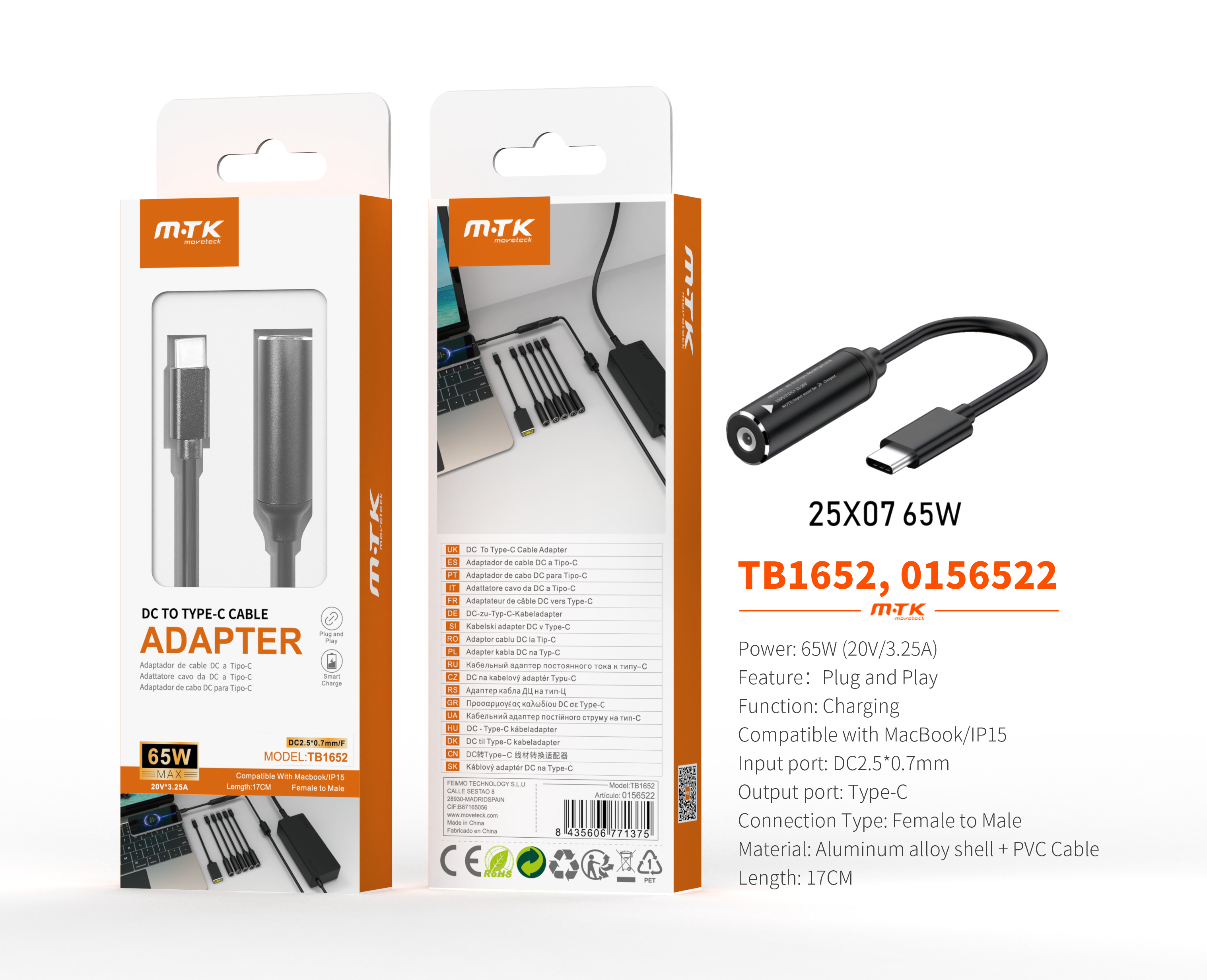 TB1652 NE Cable de carga USB-C a DC 2.5*0.7mm para portatil, Soporta Apple, 65W/20V/3.25A/17CM, Negr