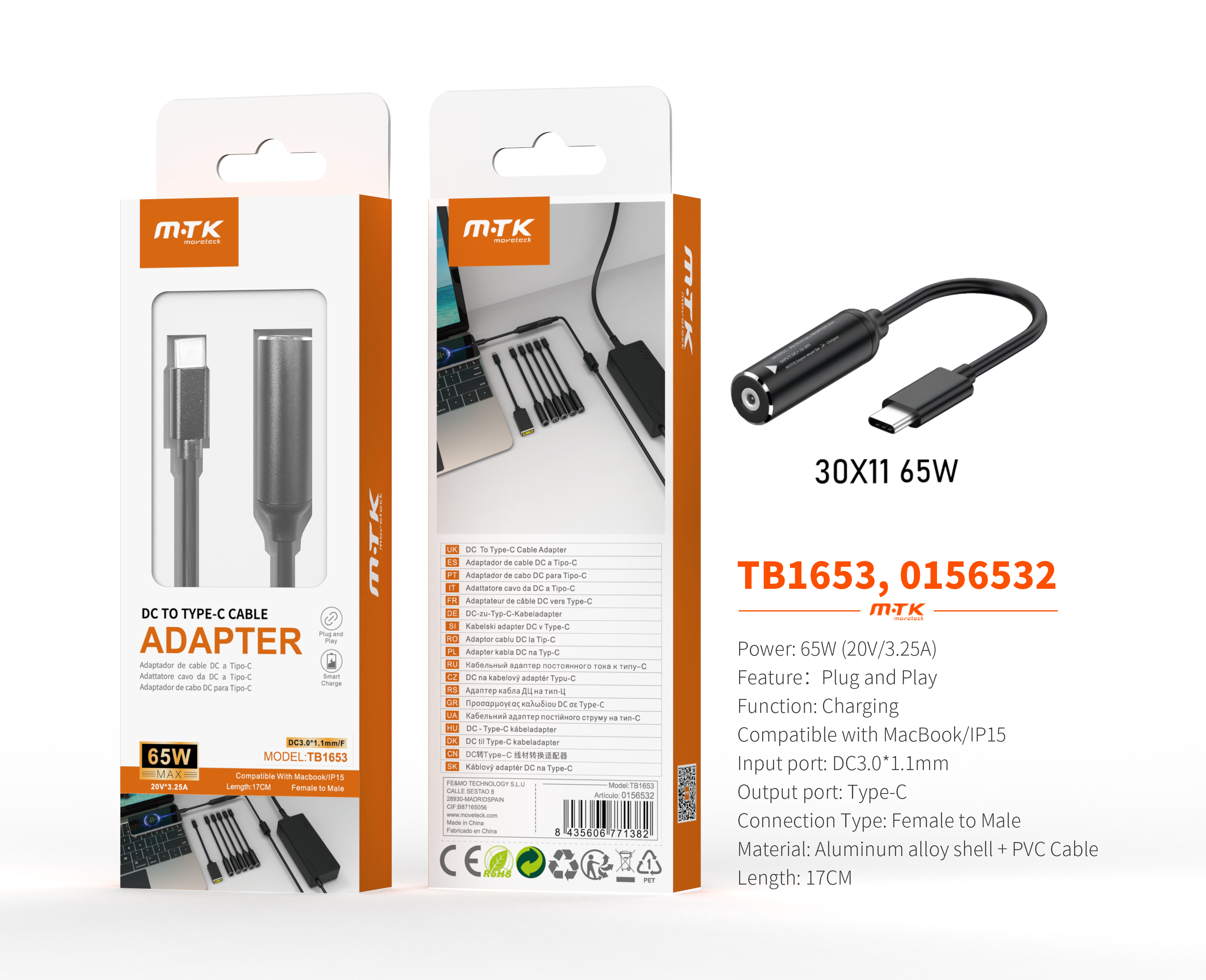 TB1653 NE Cable de carga USB-C a DC 3.0*1.1mm para portatil, Soporta Apple, 65W/20V/3.25A/17CM, Negr