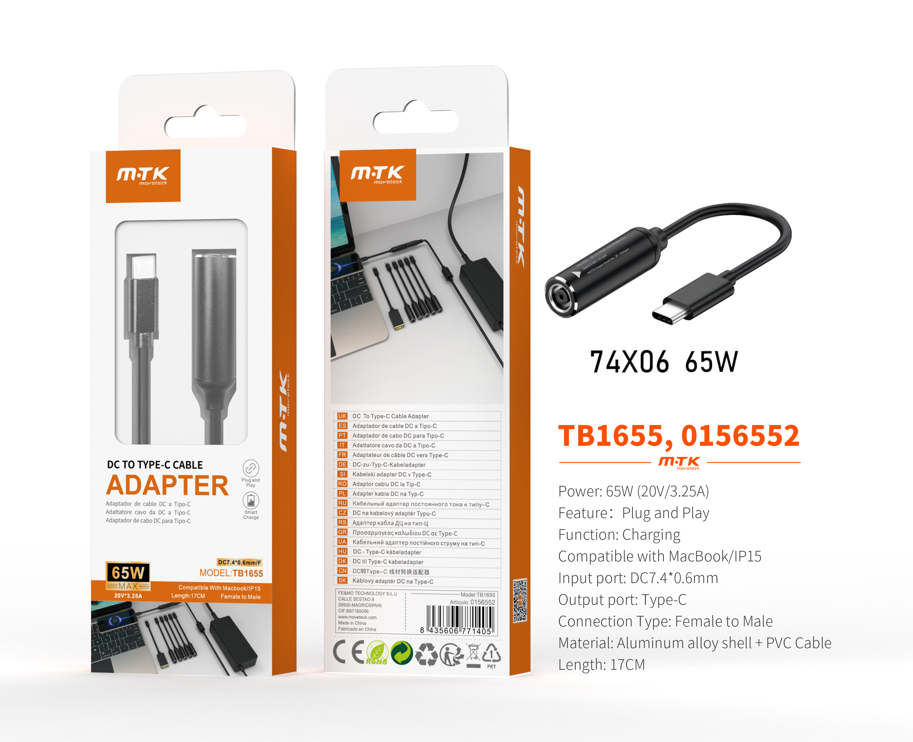 TB1655 NE Cable de carga USB-C a DC 7.4*0.6mm para portatil, Soporta Apple, 65W/20V/3.25A/17CM, Negr