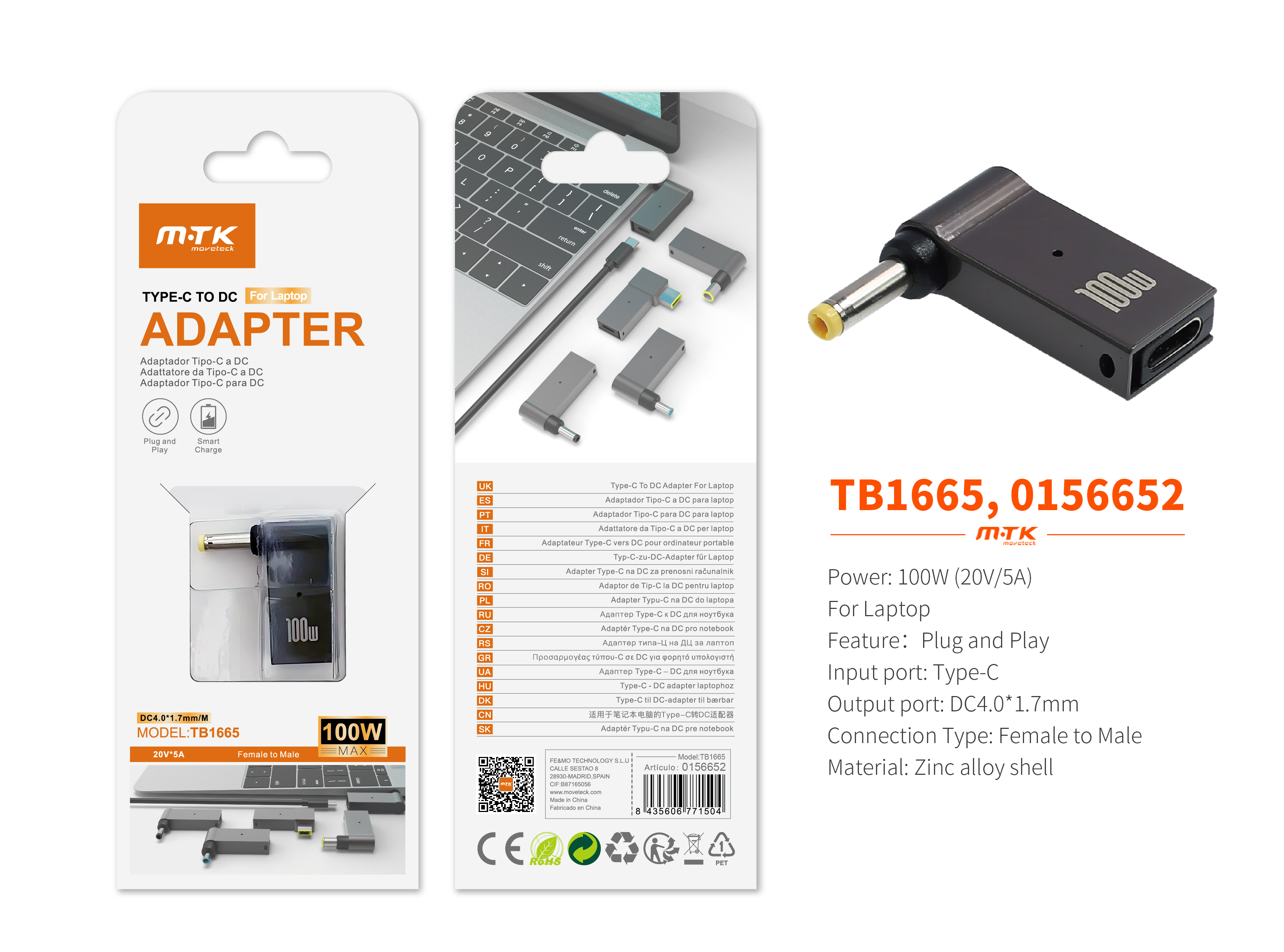 TB1665 NE Adaptador USB-C (Hembra) a DC 4.0*1.7mm para portatil, 100W/20V/5A, Negro