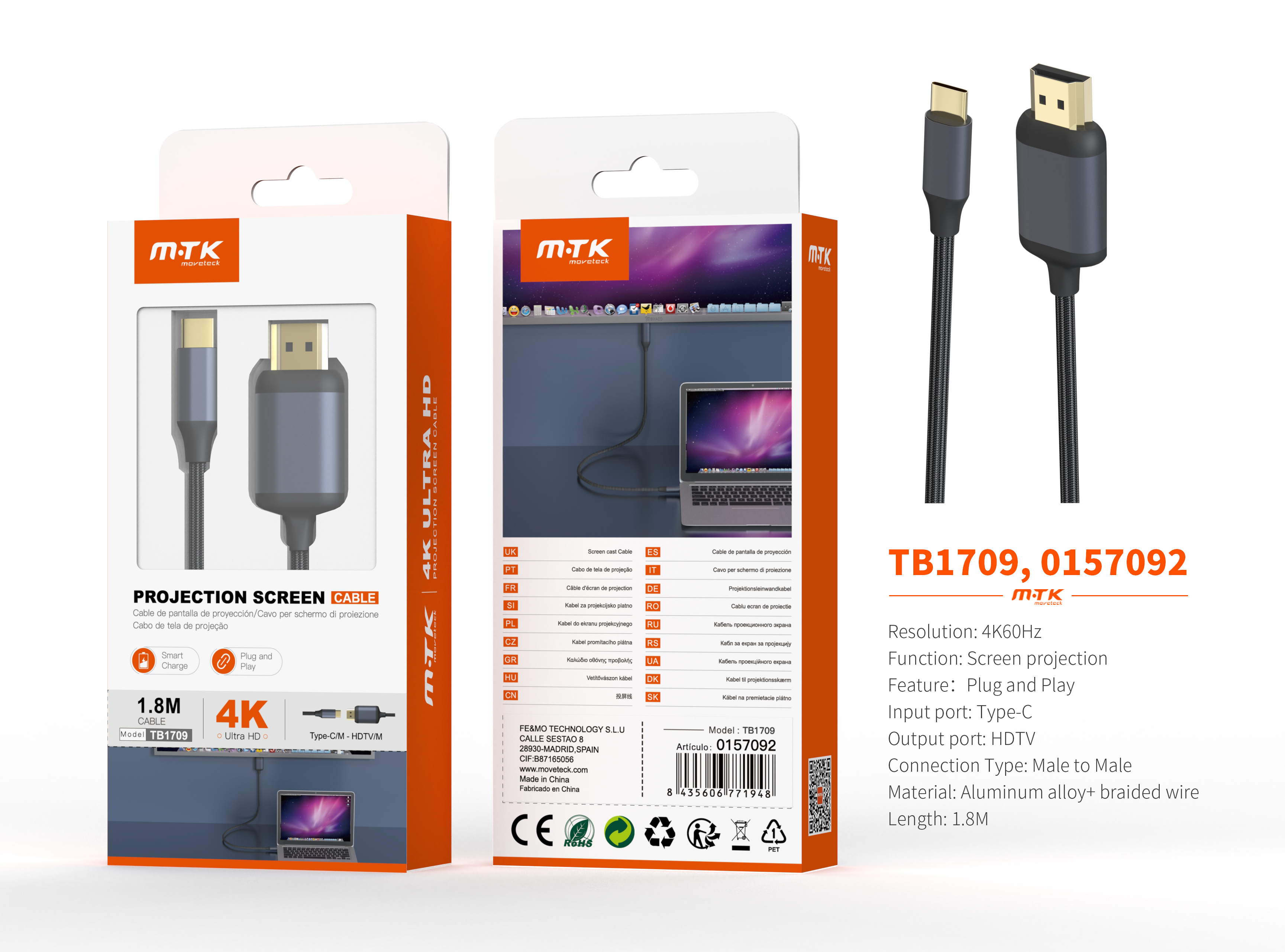 TB1709 NE Cable de trenzado USB-C(Macho) a HDMI(Macho), 4K/60Hz, Cable 1.8M, Negro