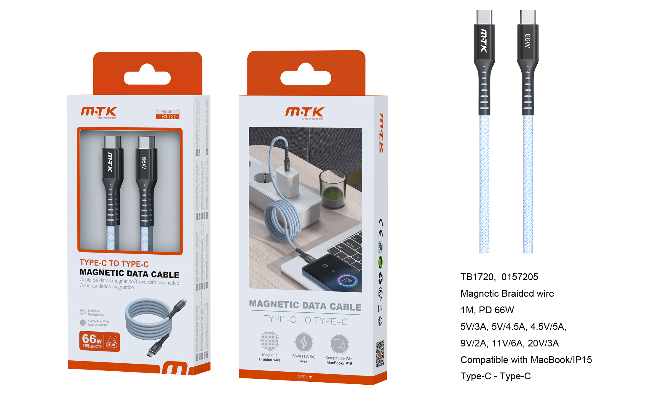 TB1720 AZ Luxury Cable de datos Isaac magnetico trenzado, ype-C a Type-C, Carga Rapida PD 66W/11V/6A, Cable 1M, Azul