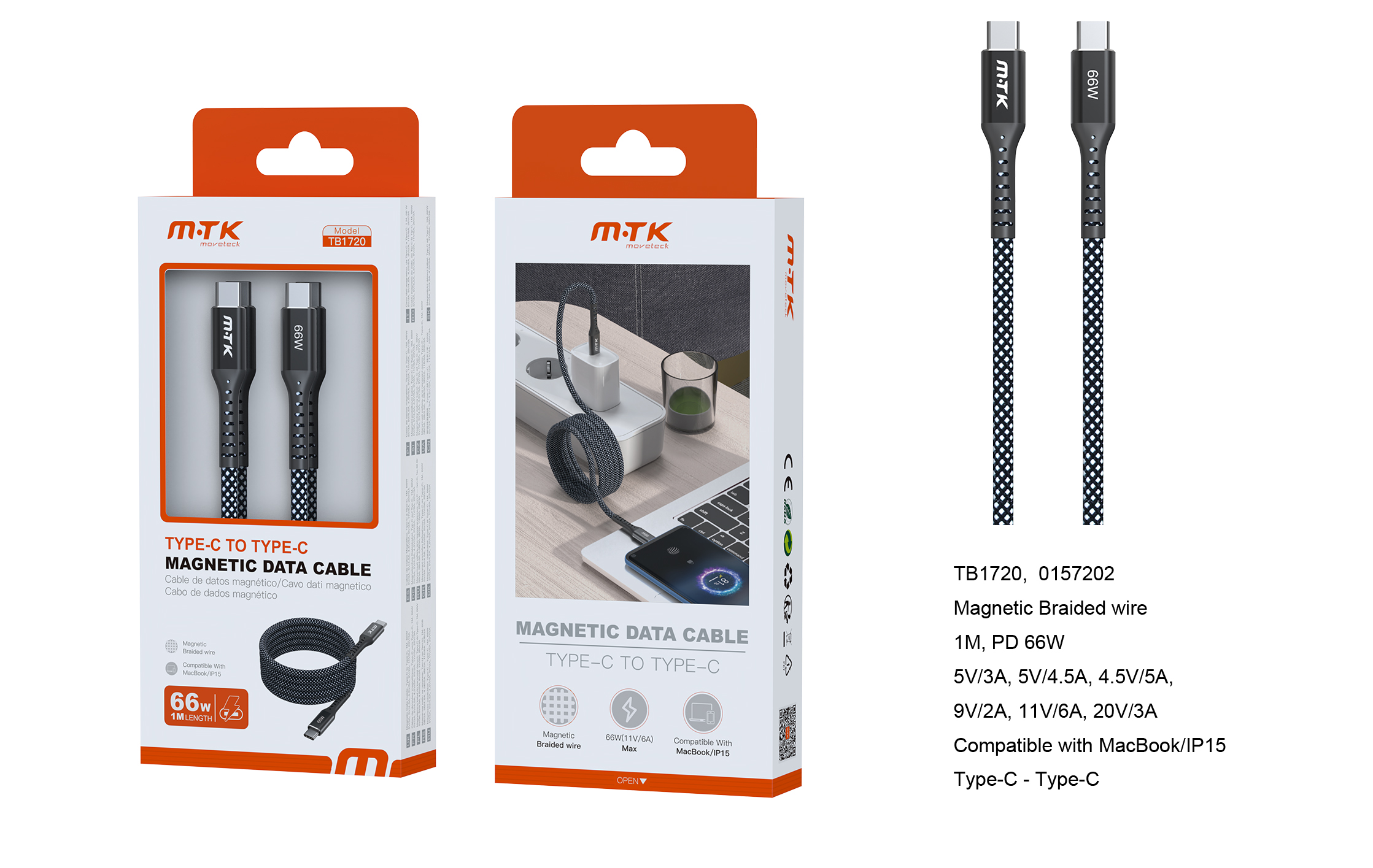 TB1720 NE Luxury Cable de datos Isaac magnetico trenzado, ype-C a Type-C, Carga Rapida PD 66W/11V/6A, Cable 1M, Negro