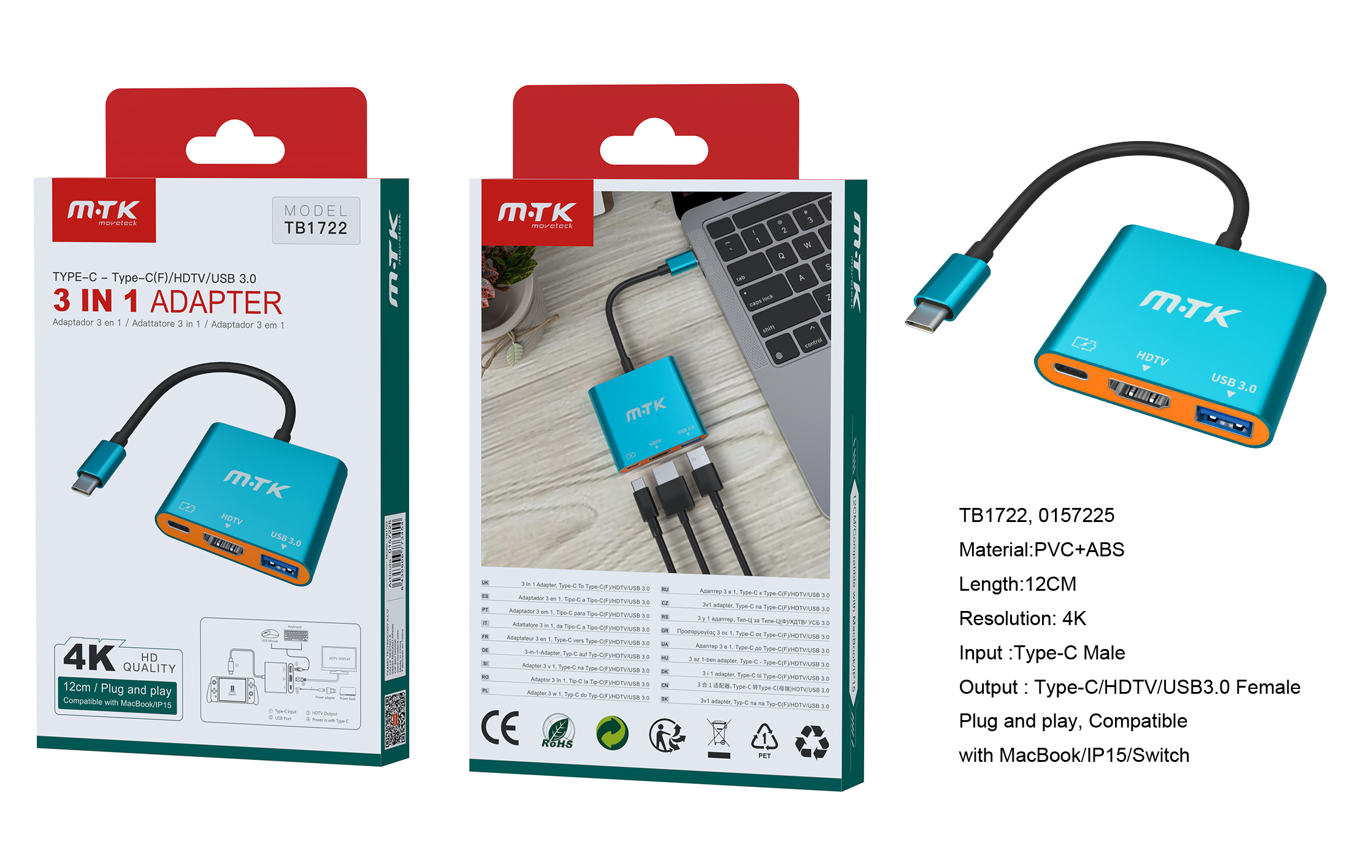 TB1722 AZ Adaptador USB-C 3 en 1, USB-C (Macho) a HDMI/USB 3.0/USB-C (Hembra), 4K Compatible Apple y Switch, Azul