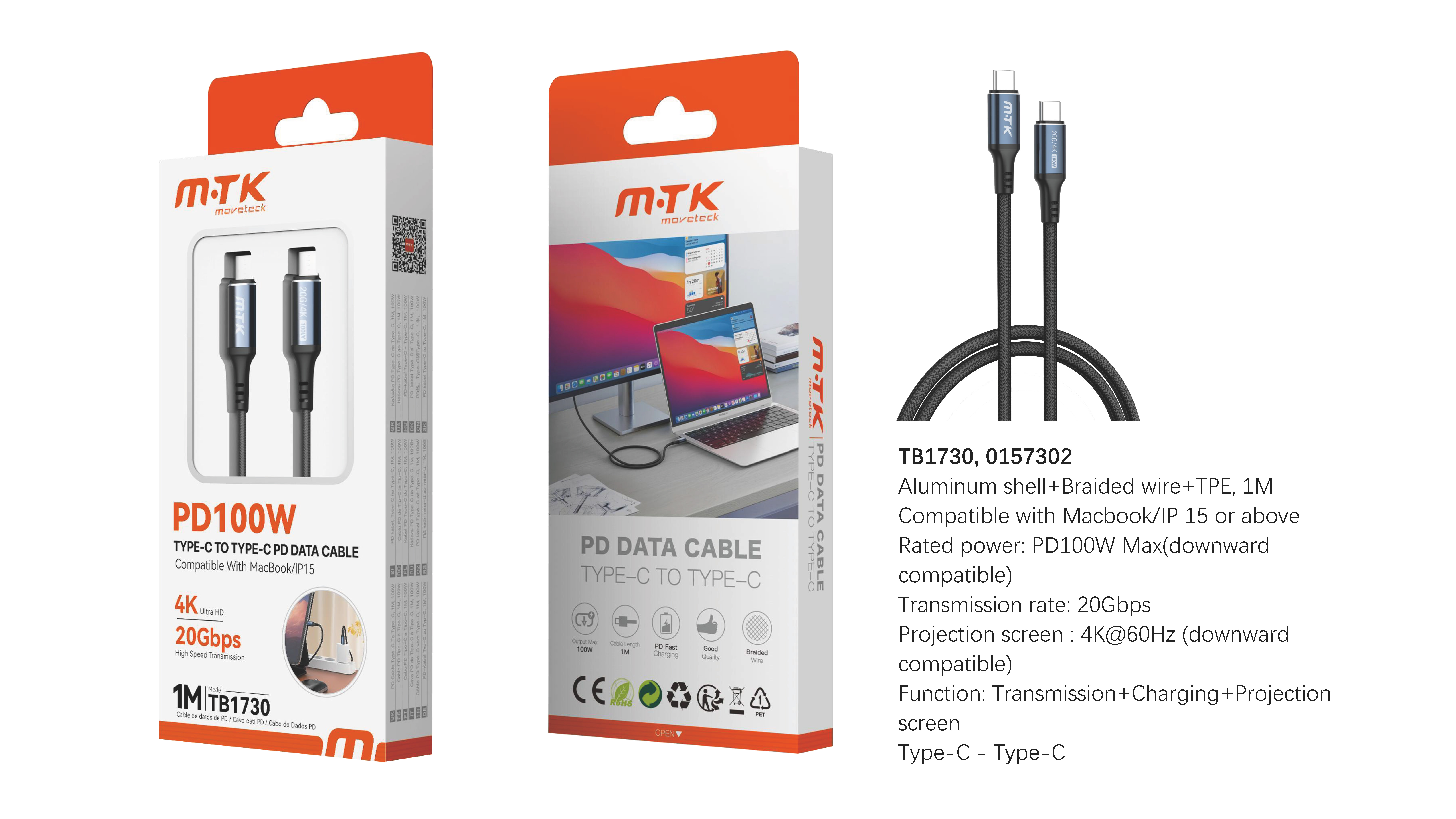 TB1730 NE Luxury Cable de Datos y Videos Trevok aluminio trenzado Type-C a Type-C , 20Gbps/100W/4K/6