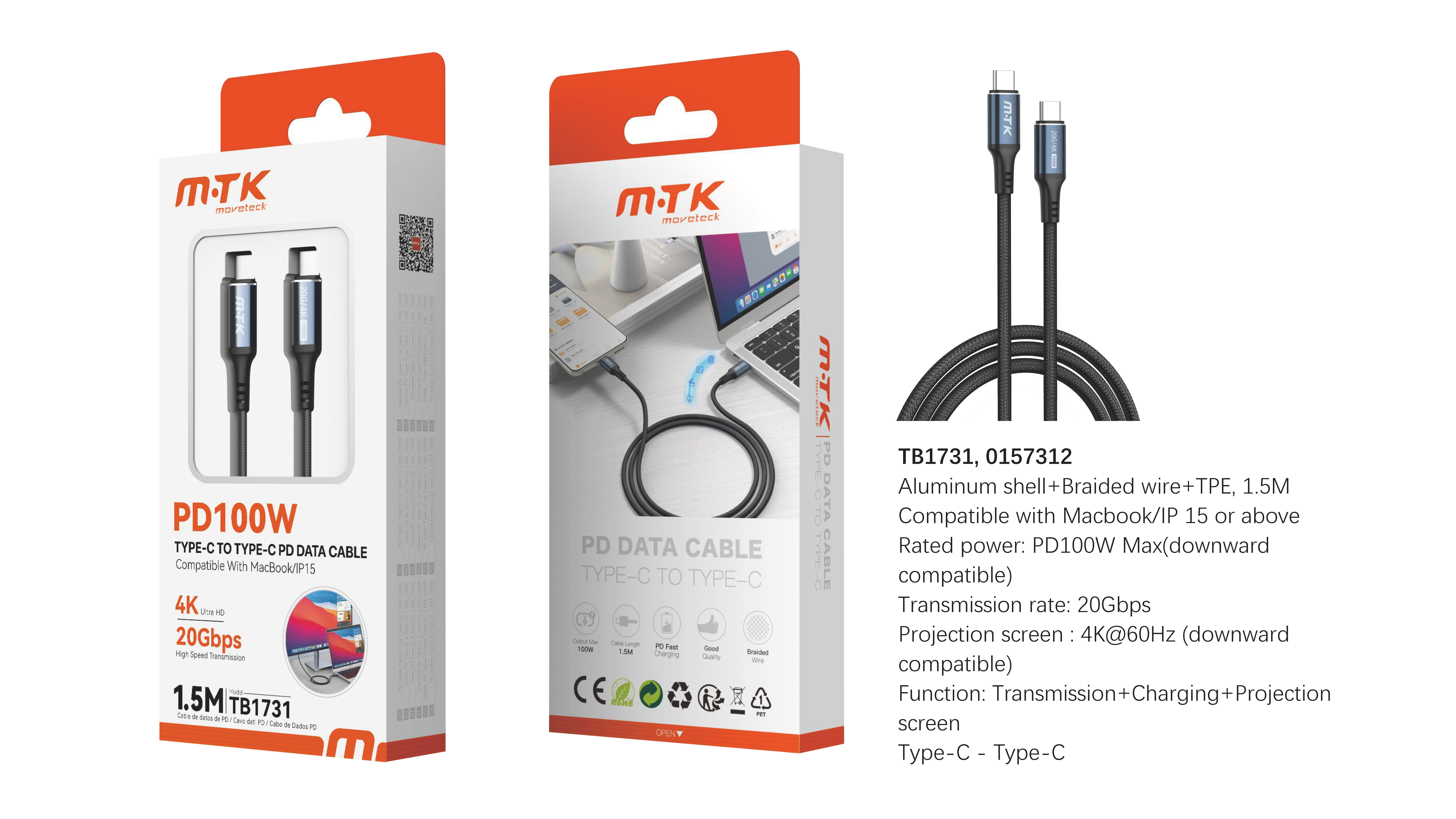 TB1731 NE Luxury Cable de Datos y Videos Trevok aluminio trenzado Type-C a Type-C , 20Gbps/100W/4K/6