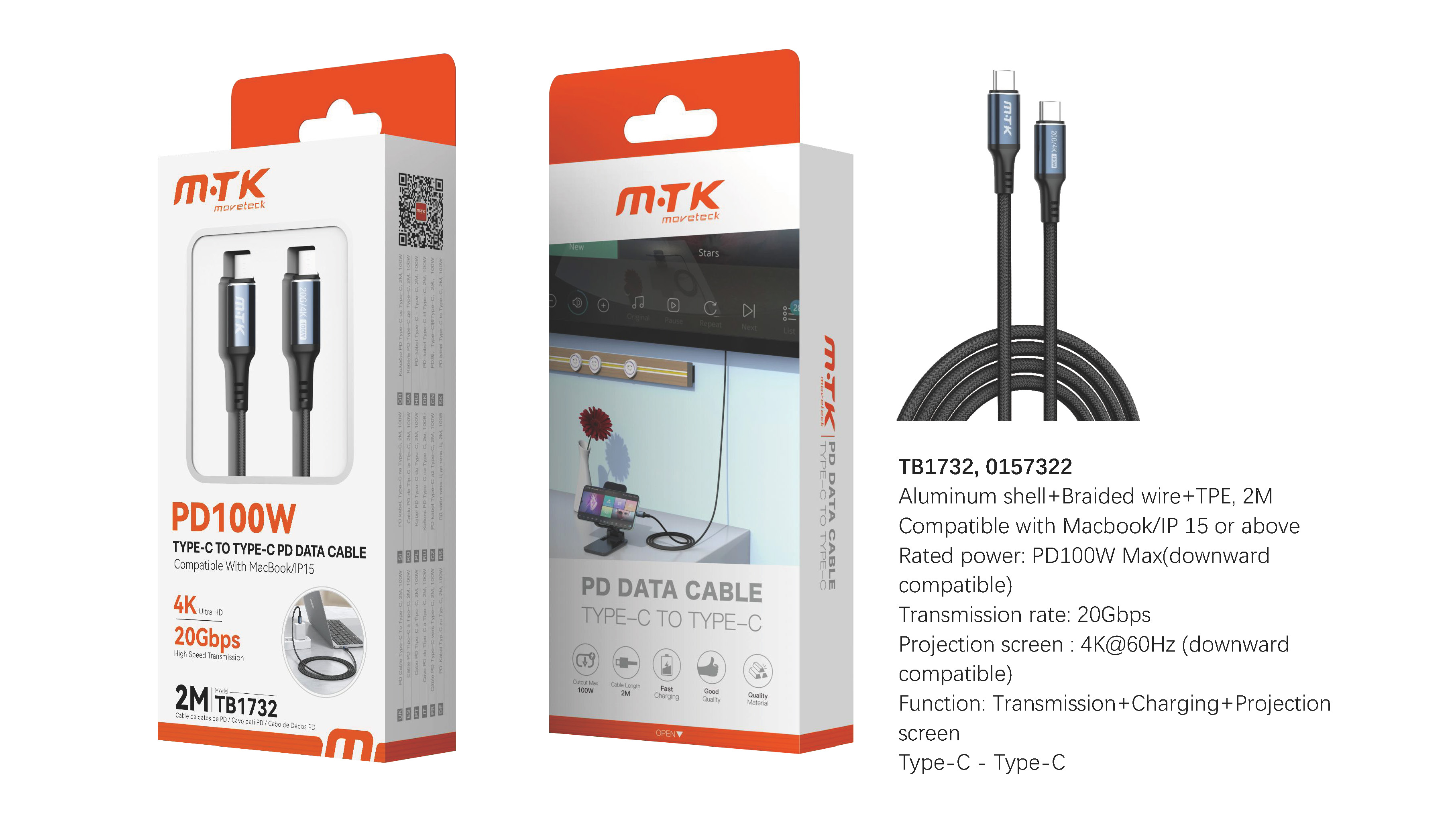 TB1732 NE Luxury Cable de Datos y Videos Trevok aluminio trenzado Type-C a Type-C , 20Gbps/100W/4K/6
