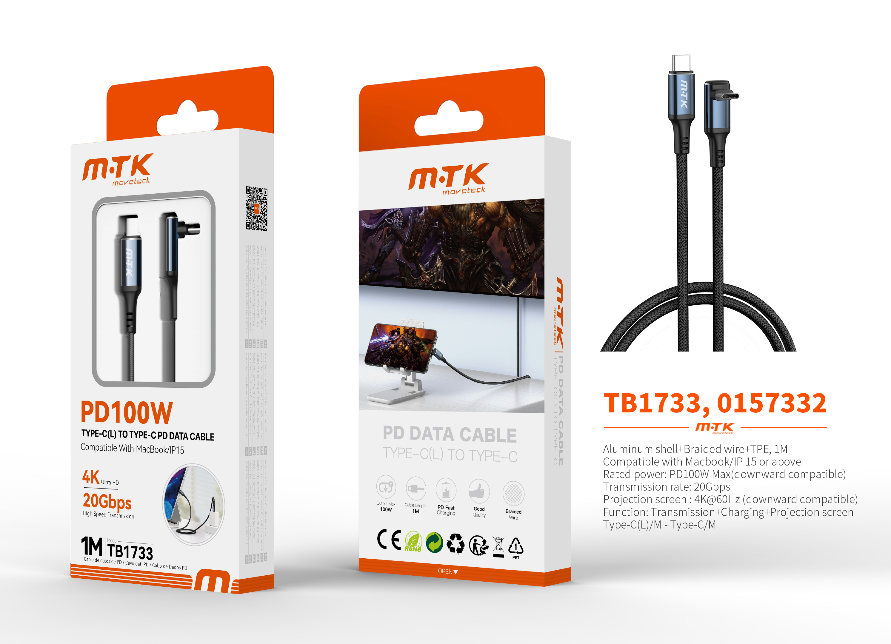 TB1733 NE Luxury Cable de Datos y Videos Trevok aluminio trenzado en L Type-C a Type-C , 20Gbps/100W