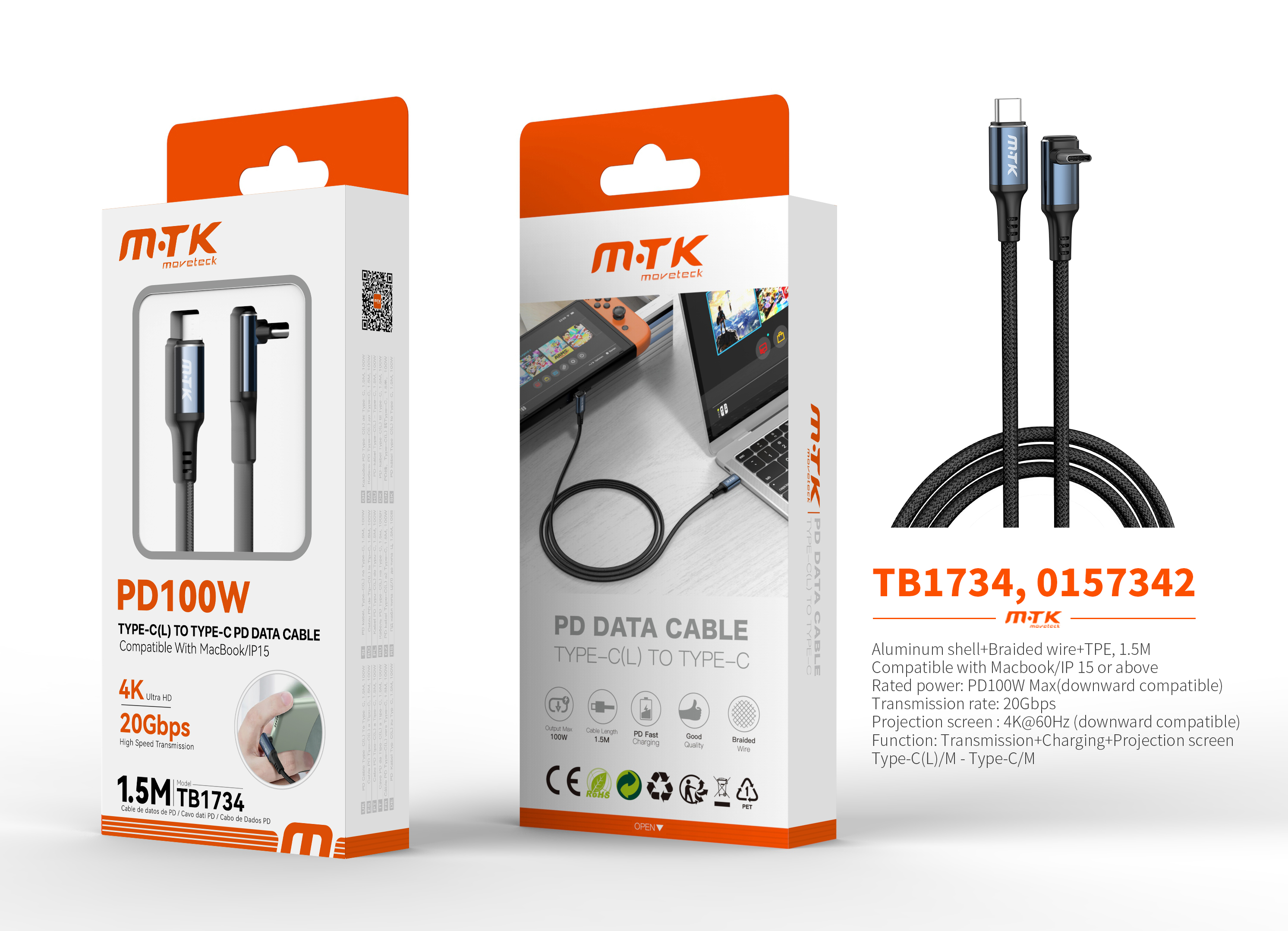 TB1734 NE Luxury Cable de Datos y Videos Trevok aluminio trenzado en L Type-C a Type-C , 20Gbps/100W