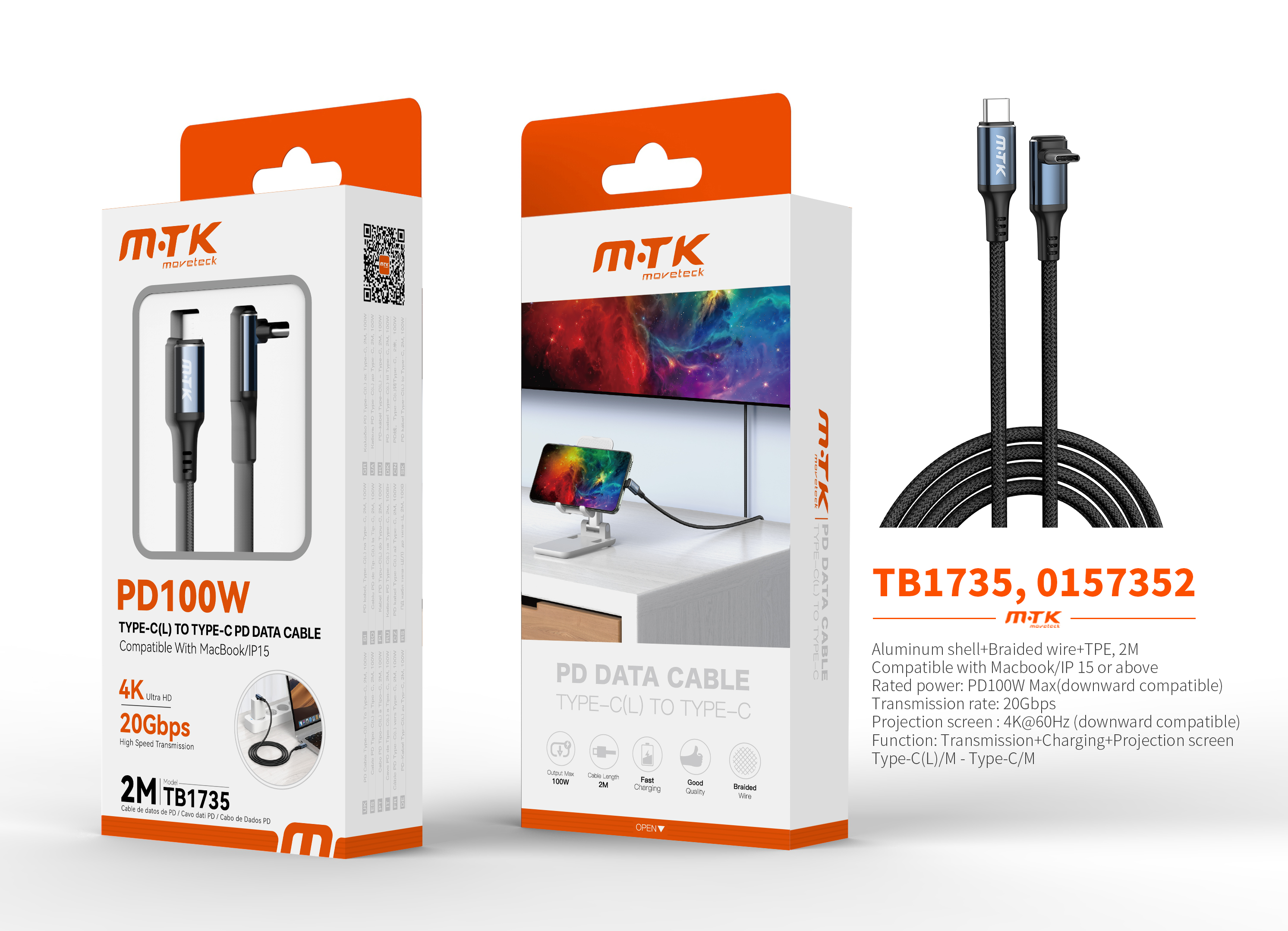 TB1735 NE Luxury Cable de Datos y Videos Trevok aluminio trenzado en L Type-C a Type-C , 20Gbps/100W