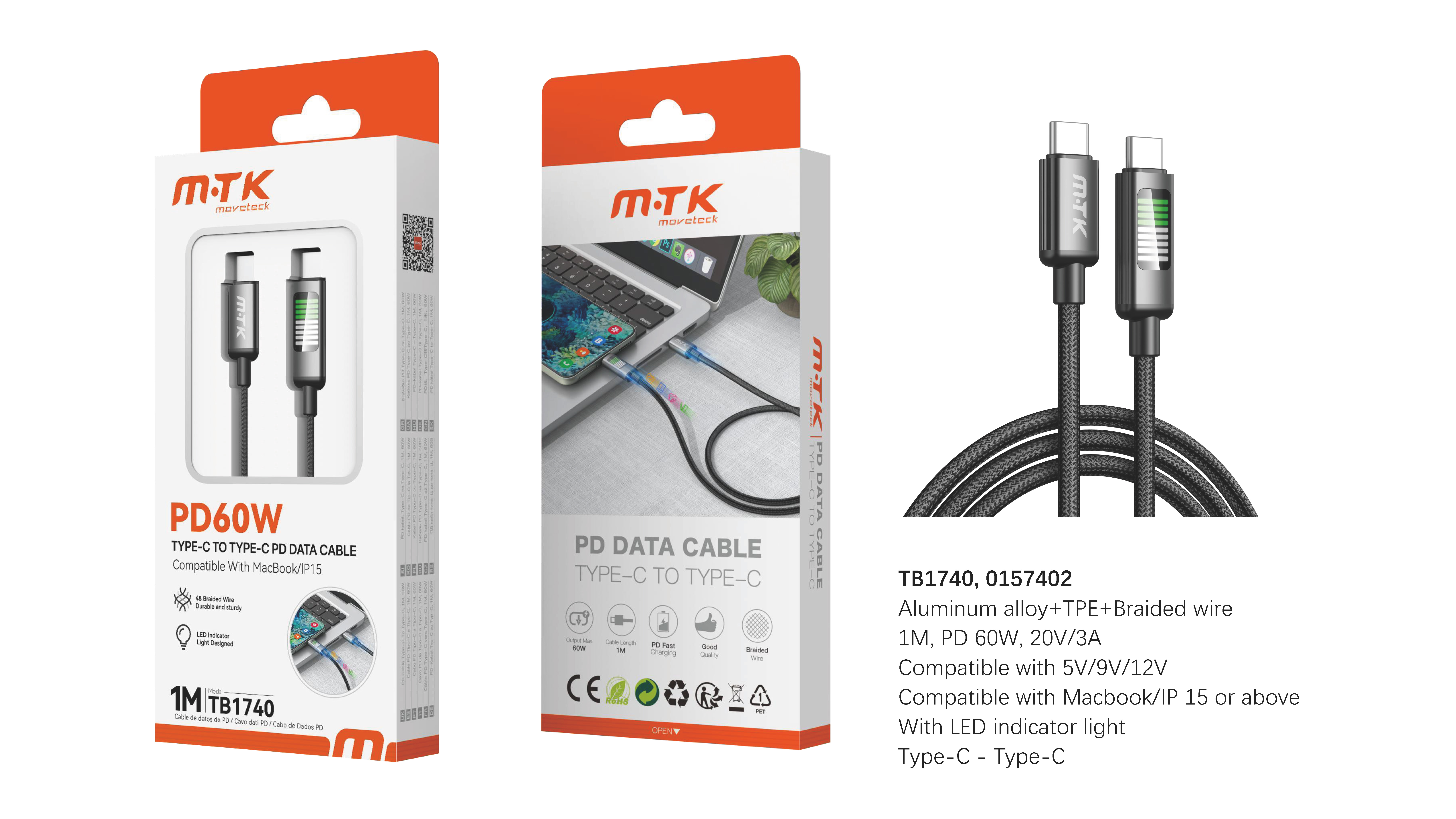 TB1740 NE Luxury Cable de Datos Yaltor  Aluminio trenzado Type-C a Type-C con indicador LED, Carga R