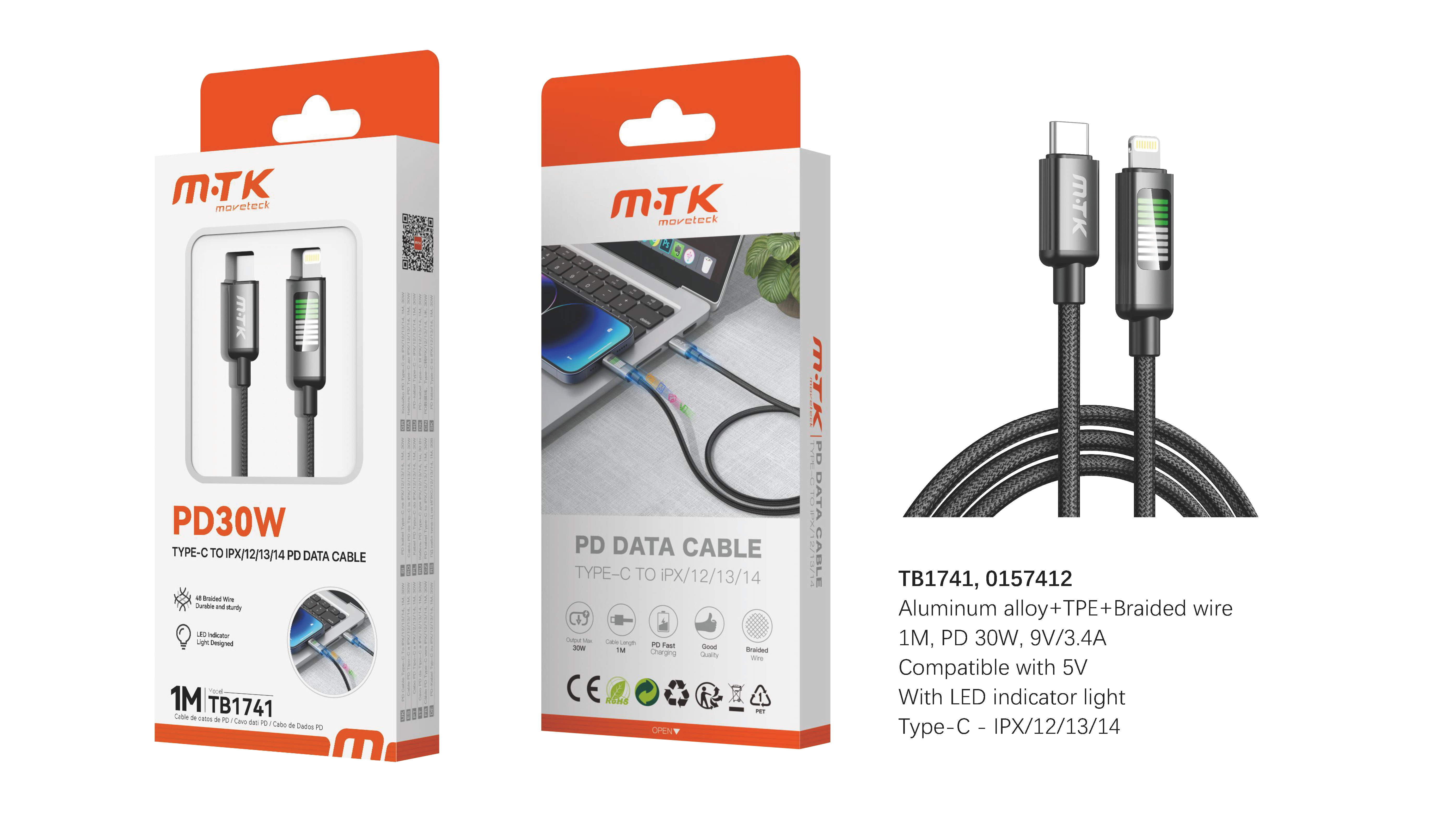TB1741 NE Luxury Cable de Datos Yaltor  Aluminio trenzado Type-C a Iphone con indicador LED, Carga R