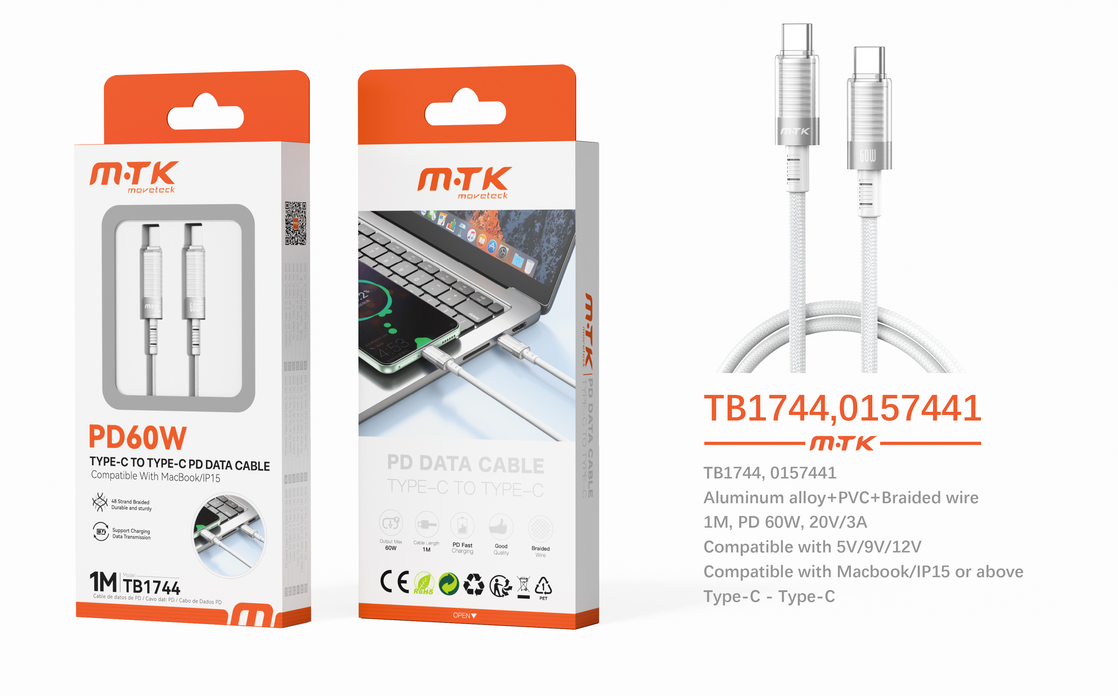 TB1744 BL Luxury Cable de Datos aluminio trenzado Orfiel para Type-C a Type-C, Soporta carga rapida