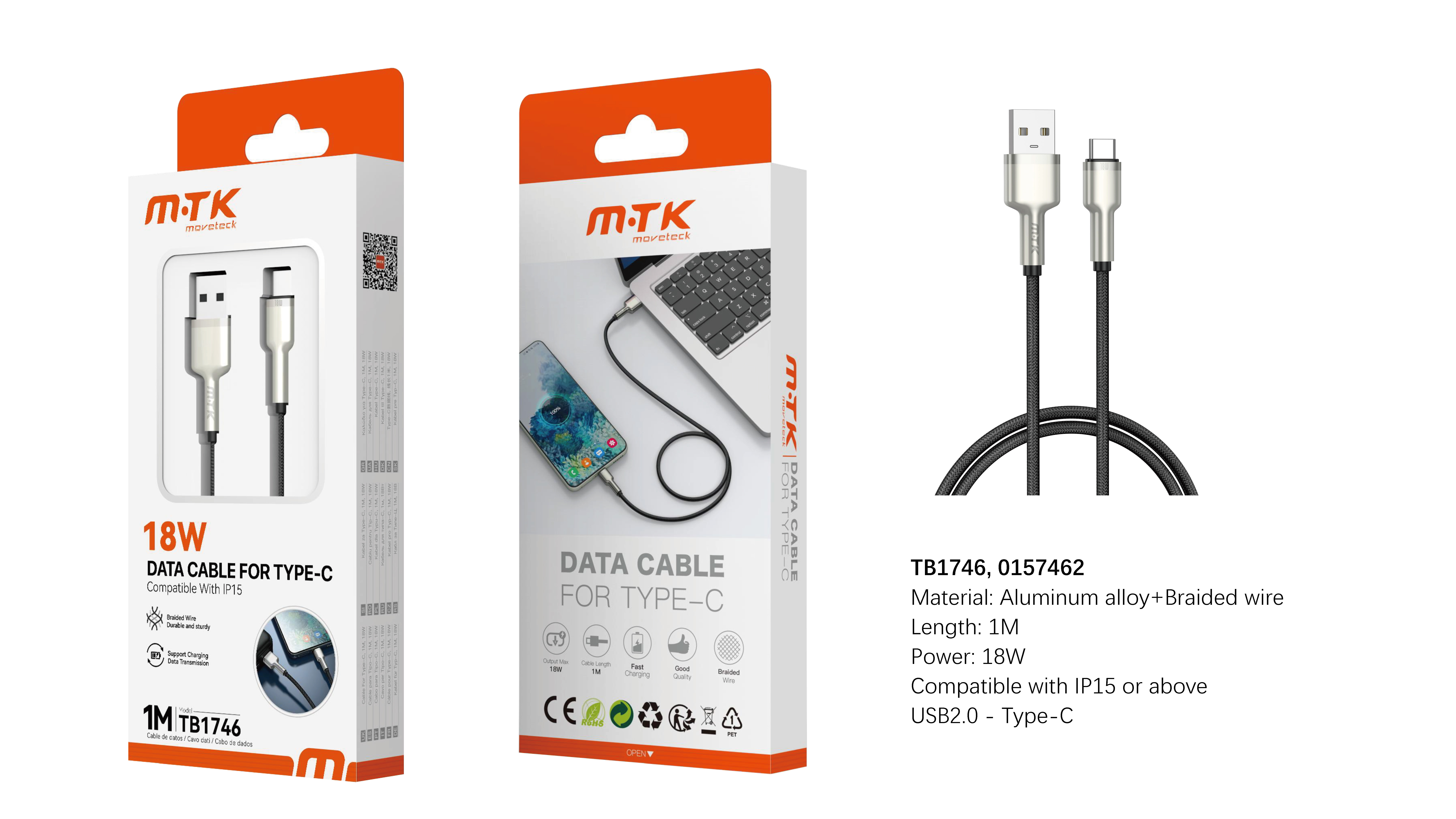TB1746 Luxury Cable de datos Trelan trenzado para Type-C, Compatible con Iphone, 18W, 1M, Negro+Oro