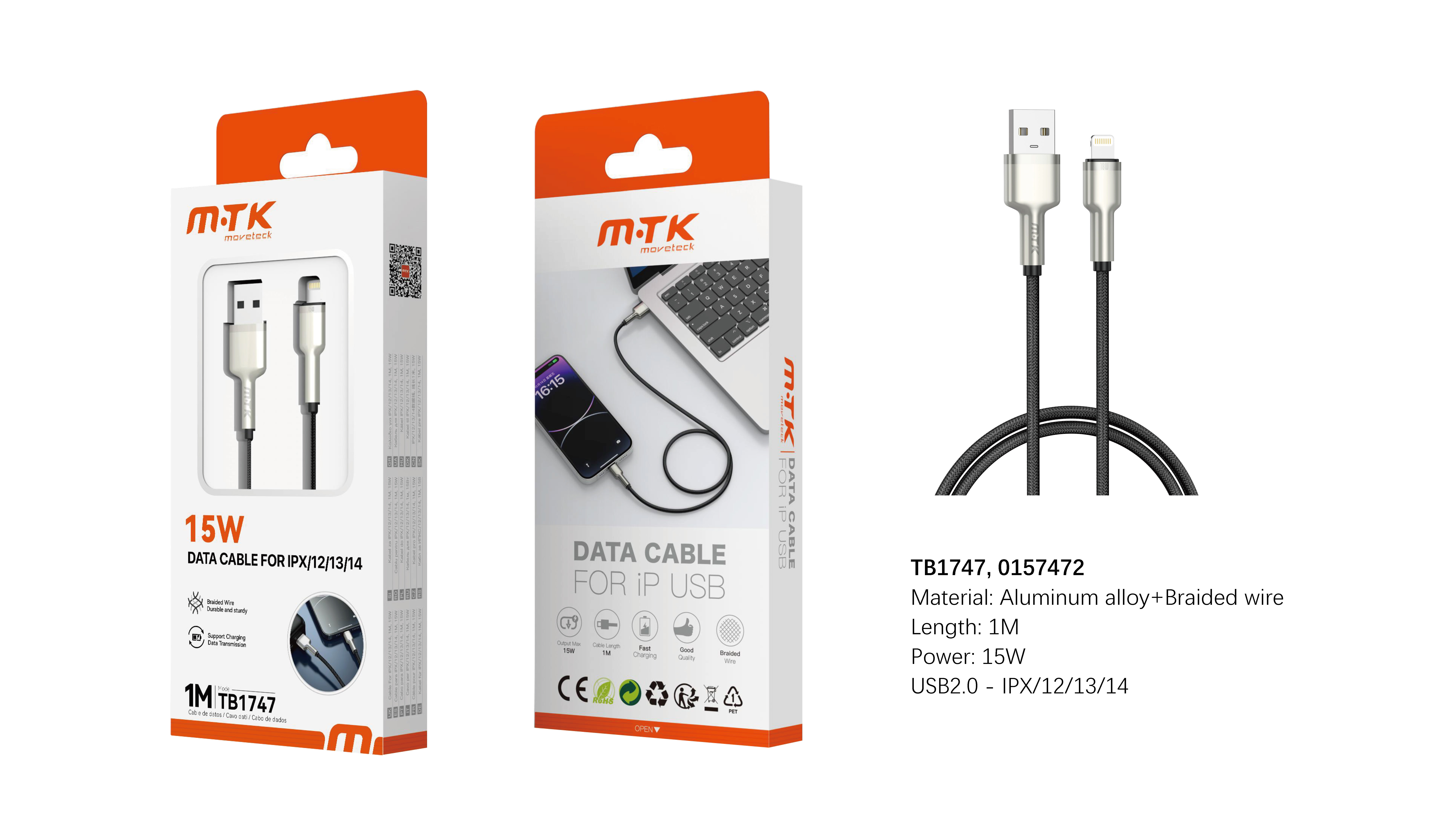 TB1747 Luxury Cable de Datos Trelan Trenzado para Iphone 5-14 15W, Cable 1M, Negro+Oro