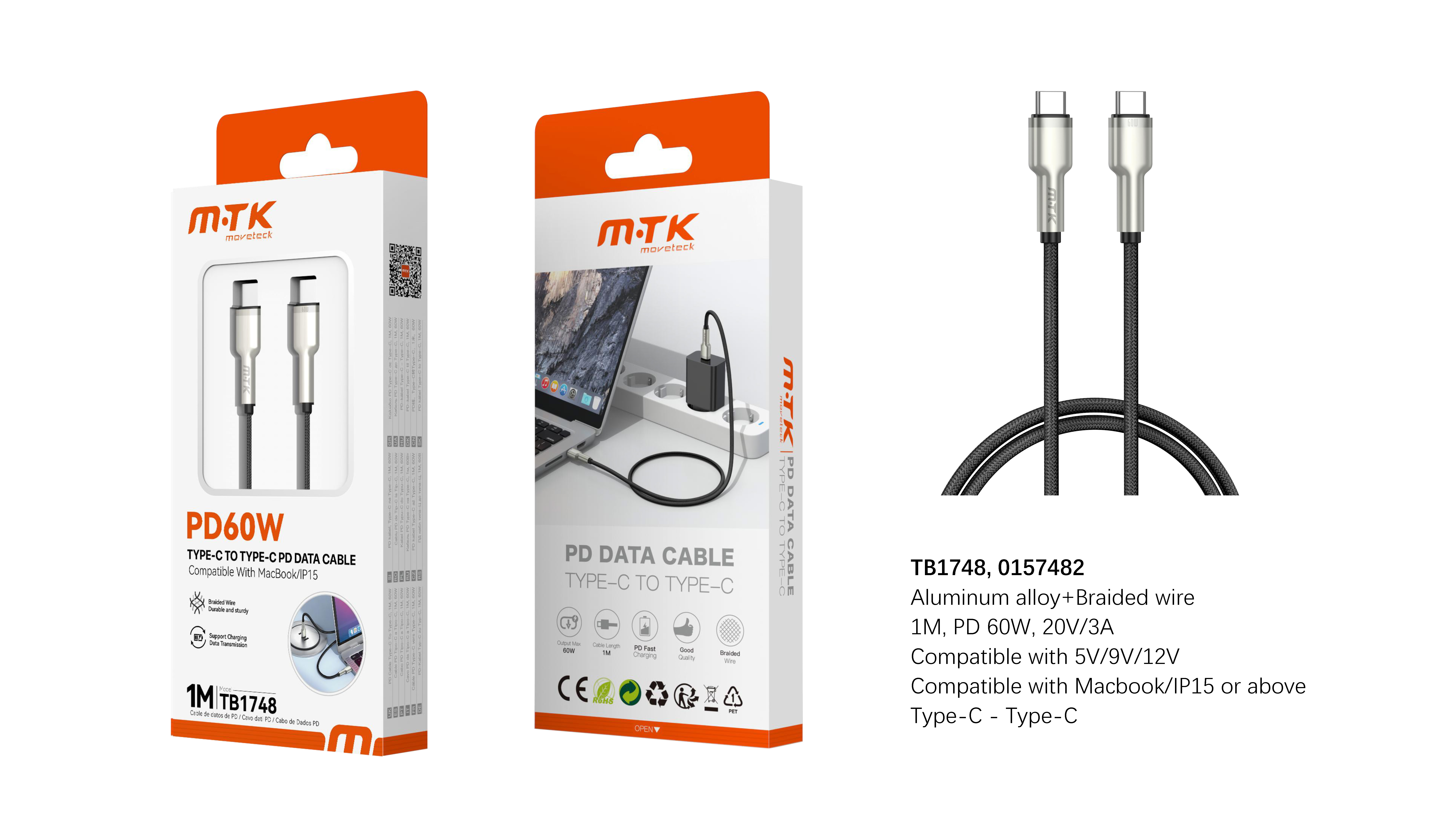 TB1748 Luxury Cable de datos Trelan trenzado para Type-C a Type-C , Compatible con Apple Type-C, 60W