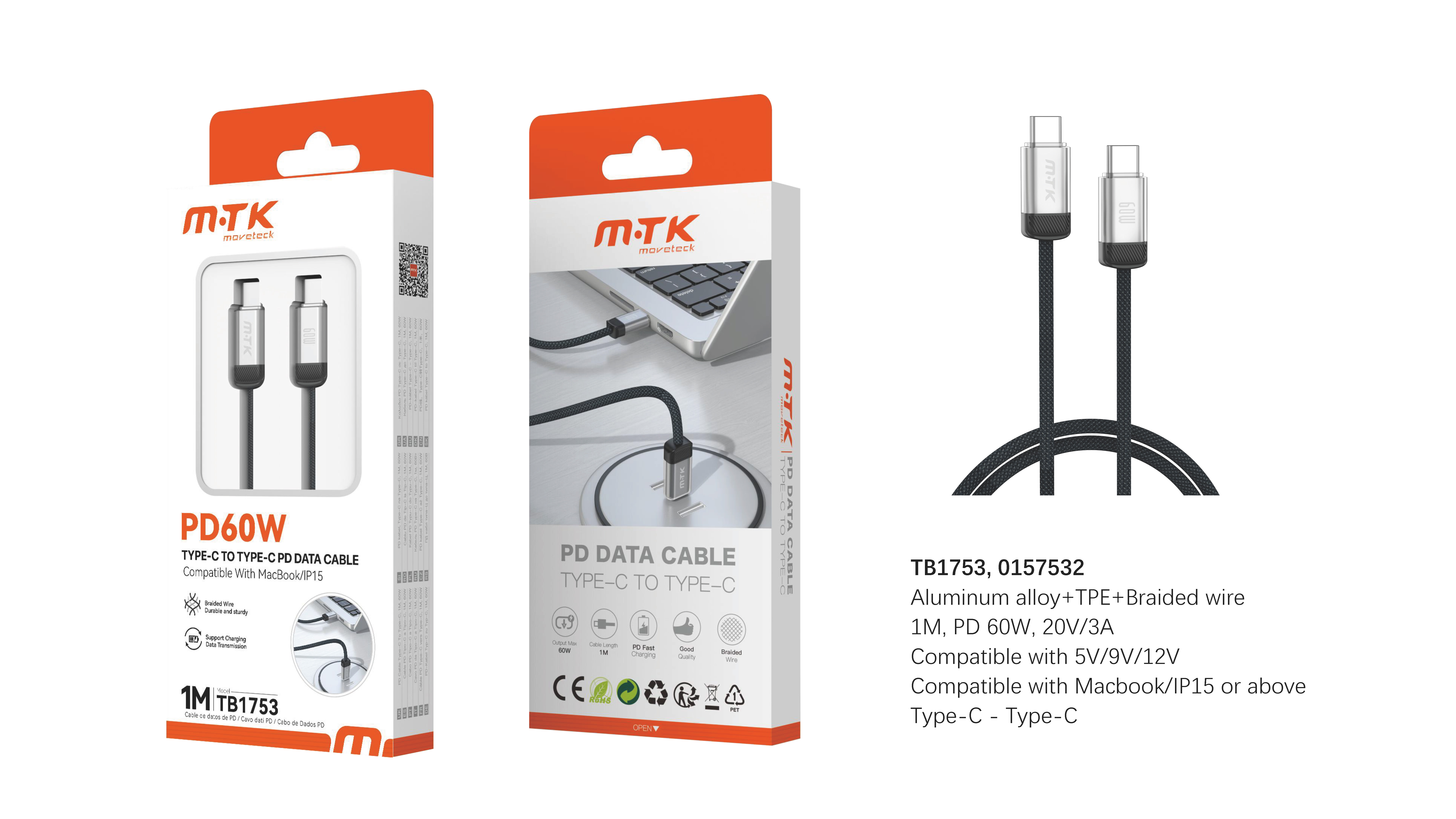 TB1753 Luxury Cable de datos Dralvox trenzado para Type-C a Type-C , Compatible con Apple Type-C, 60