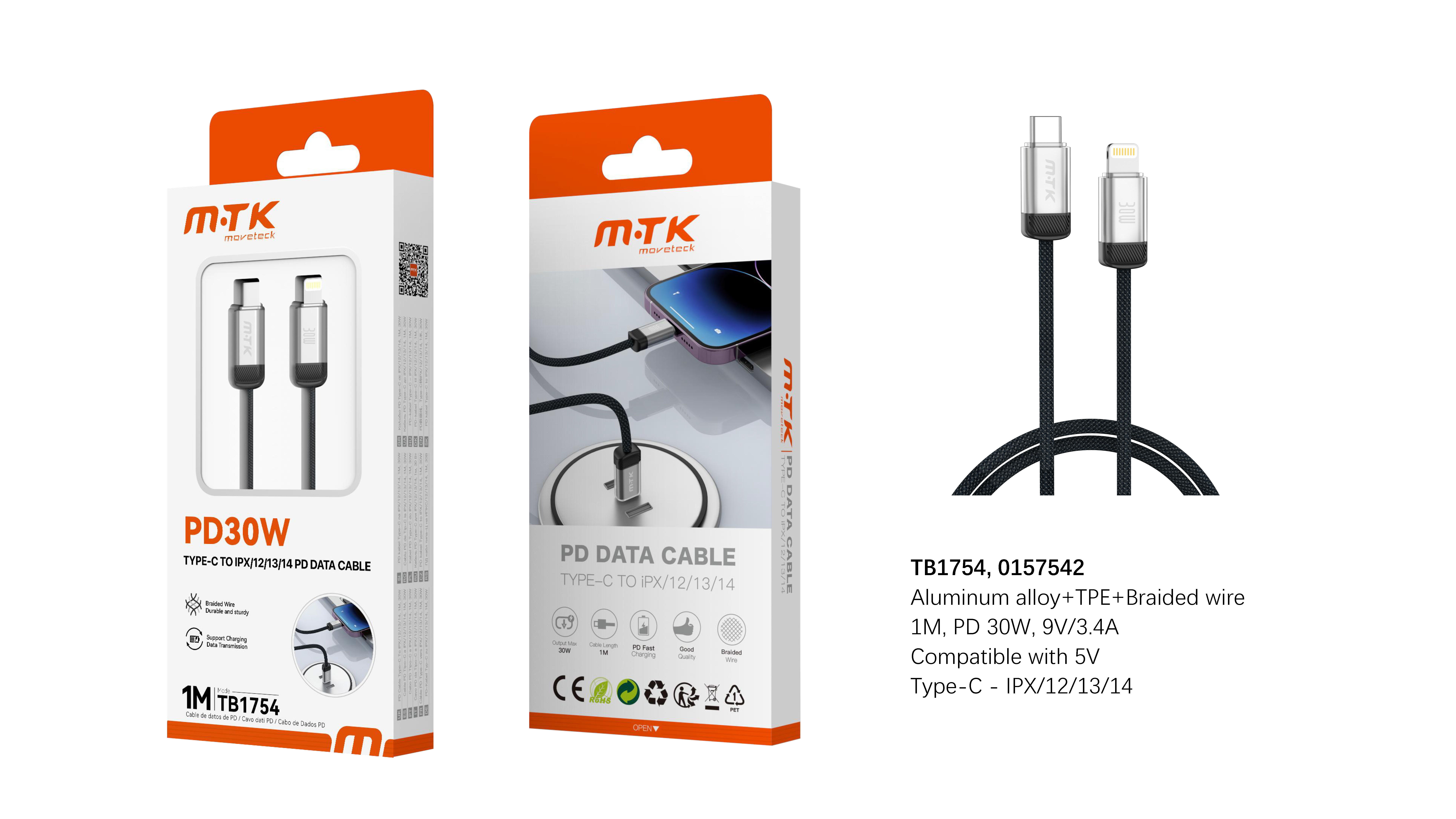 TB1754 Luxury Cable de datos Dralvox trenzado para Type-C a Lightning, 30W/9V/3.4A, 1M, Negro+Plata