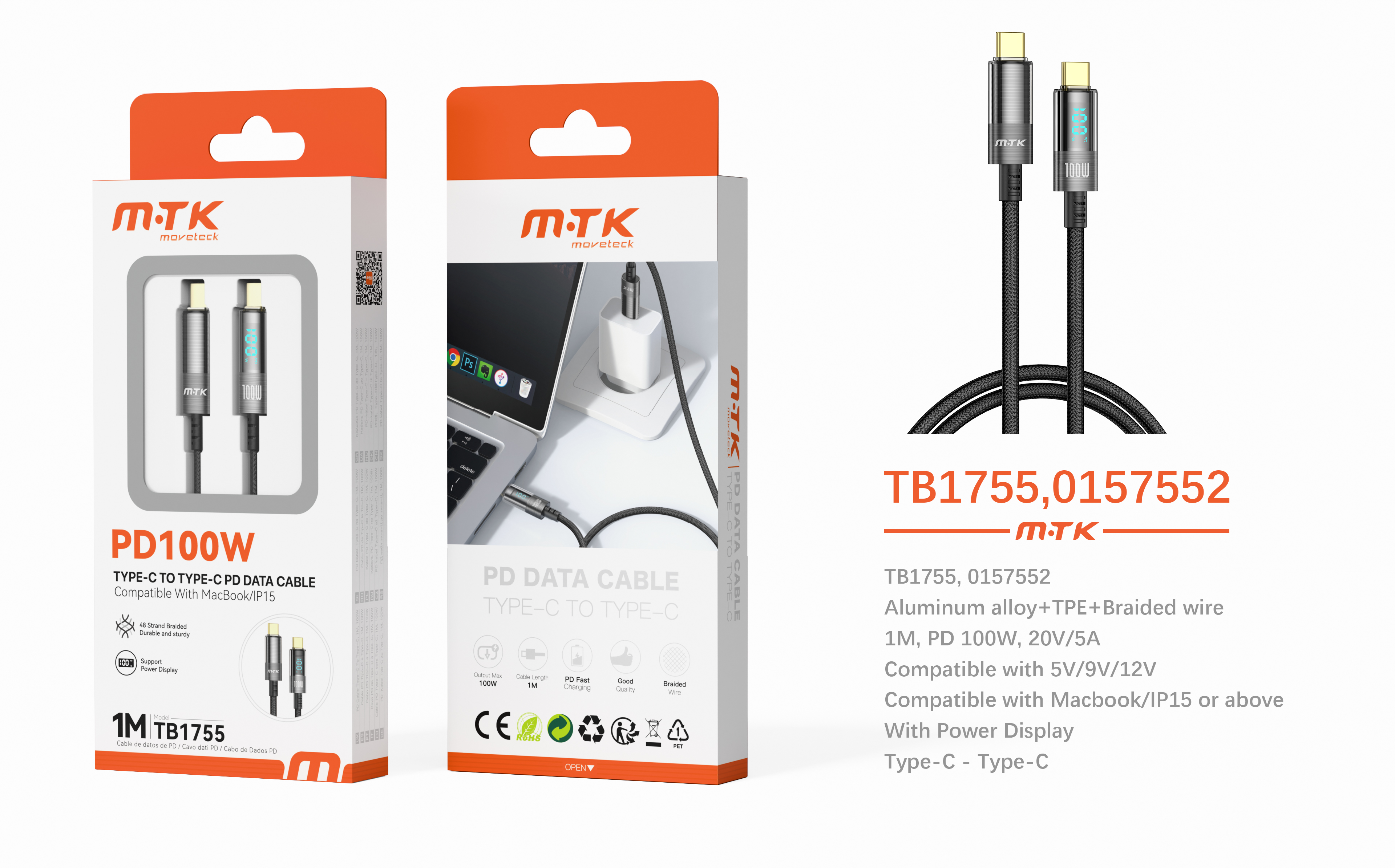 TB1755 NE Luxury Cable de Datos aluminio trenzado Orfiel con indicador de potencia para Type-C a Typ