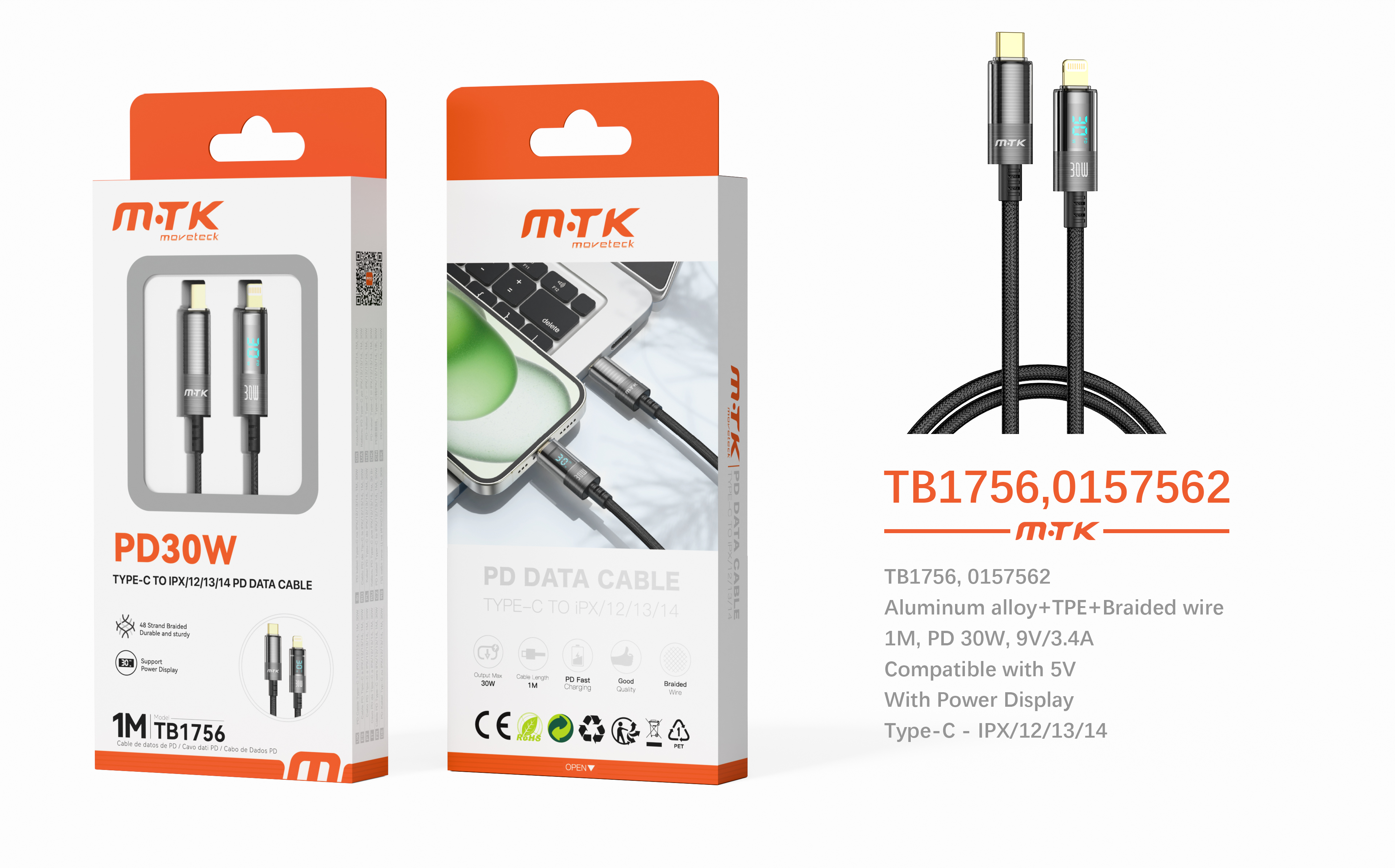 TB1756 NE Luxury Cable de Datos aluminio trenzado Orfiel con indicador de potencia para Type-C a Iph