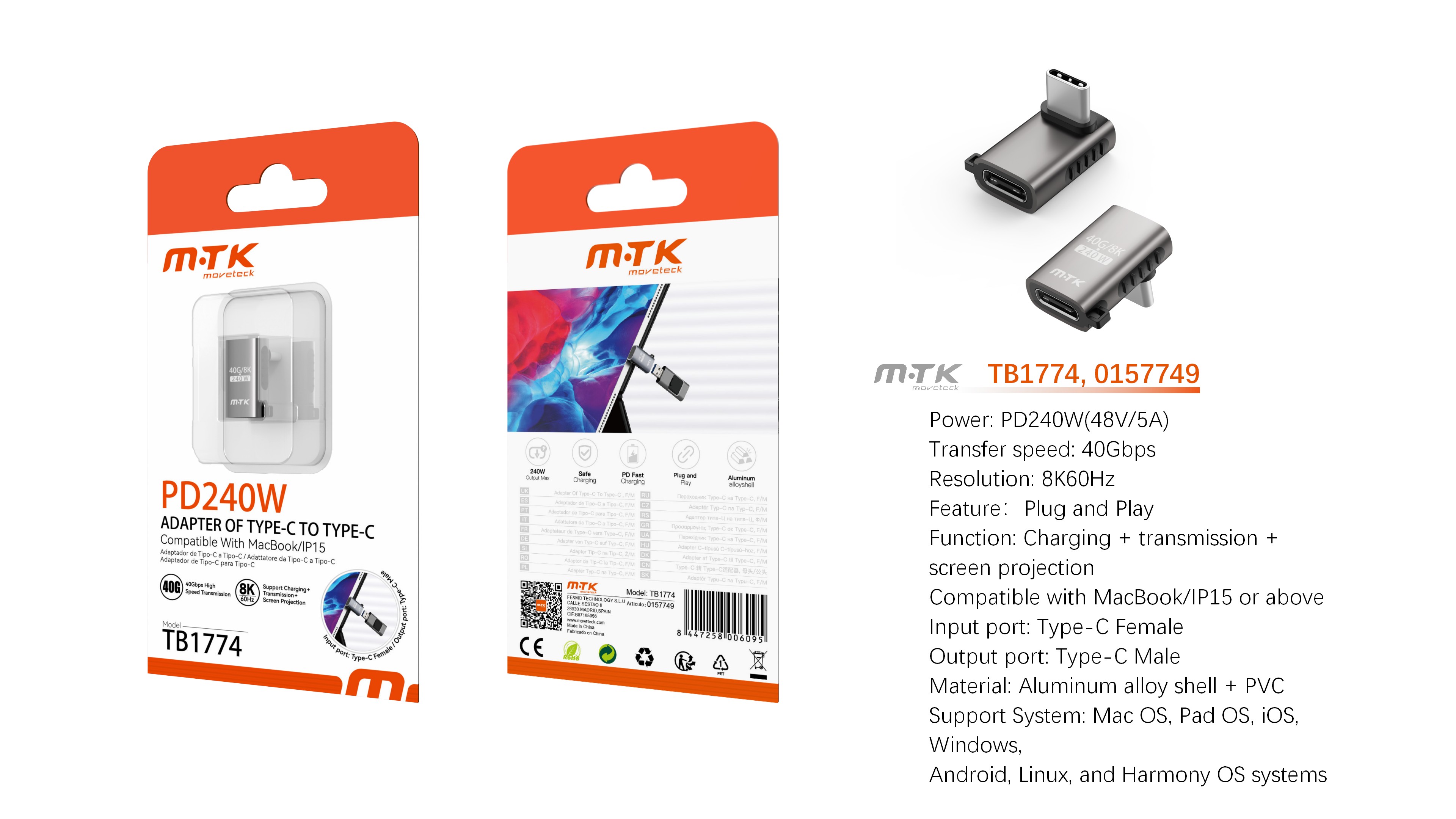 TB1774 GR Luxury Adaptador aluminio en L dato+carga+transmision de video Type-C a Type-C 240W/48V/5A