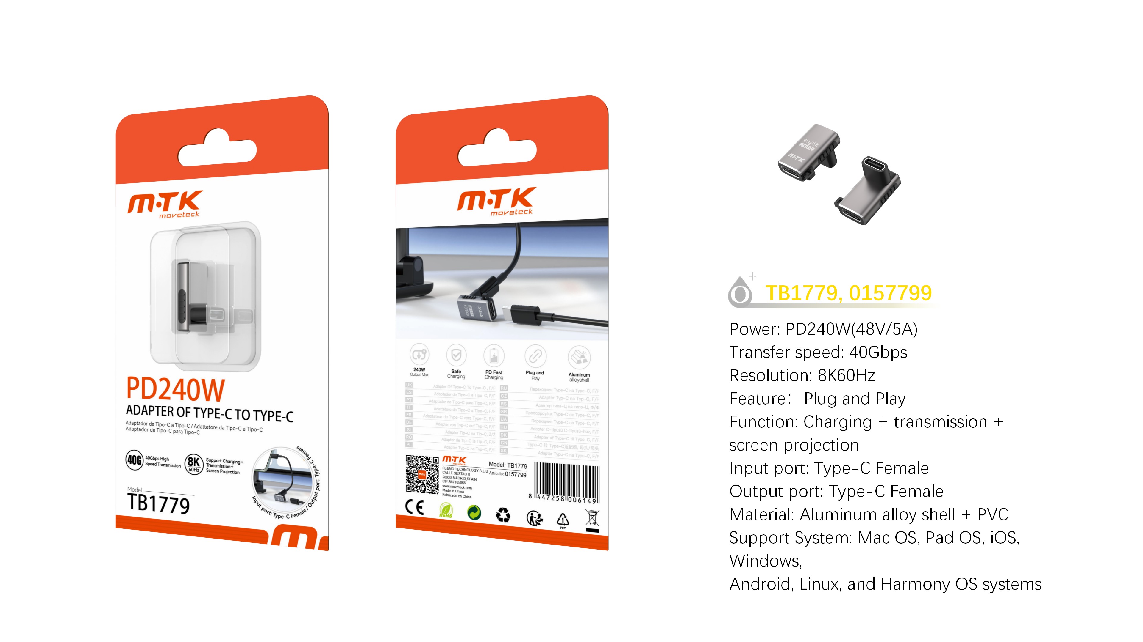 TB1779 GR Luxury Adaptador aluminio en L dato+carga+transmision de video Type-C a Type-C 240W/48V/5A