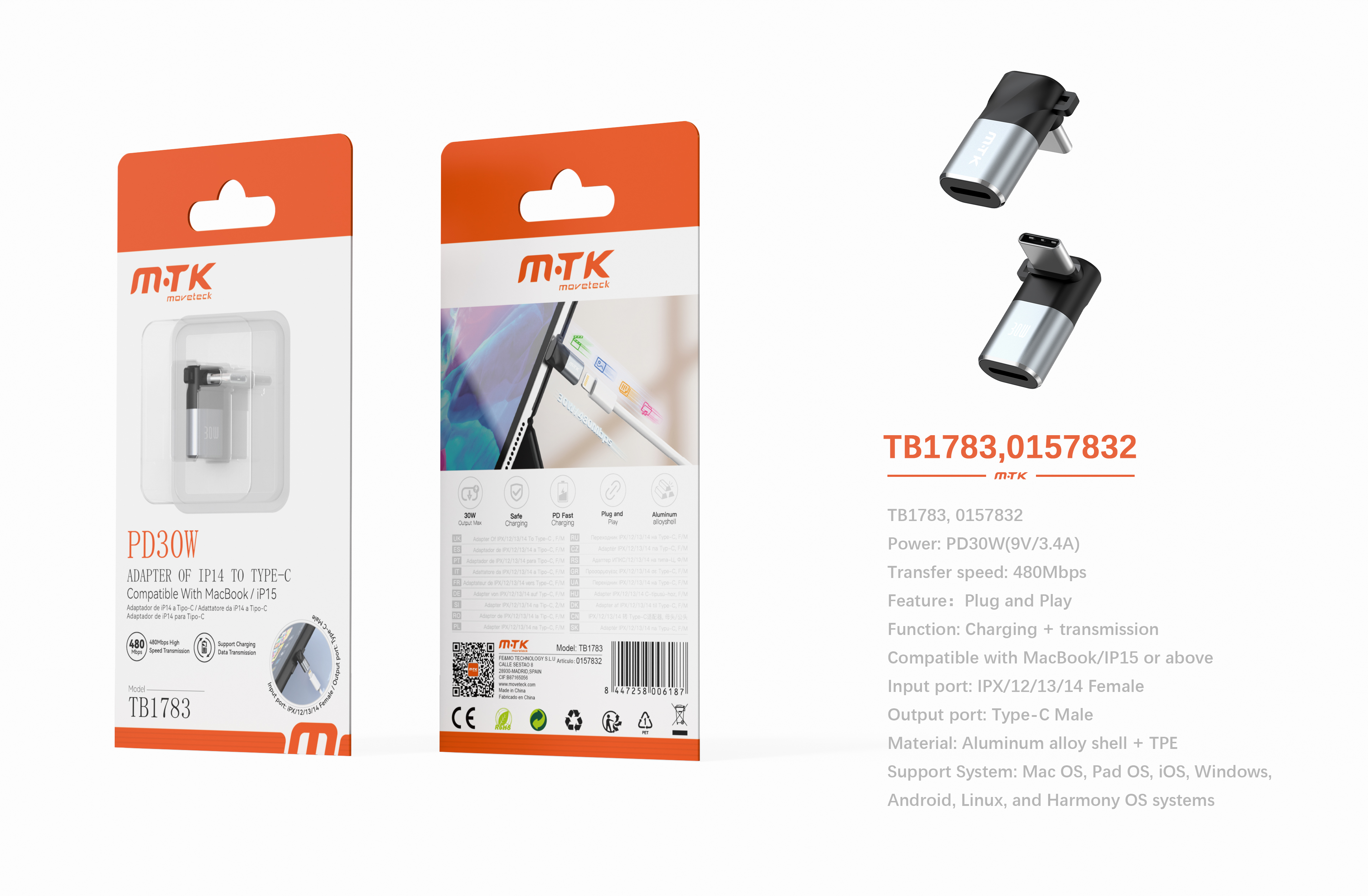 TB1783 GR Luxury Adaptador aluminio dato+carga Type-C a iphone 30W/9V/3.4A/480Mbps compatible Apple
