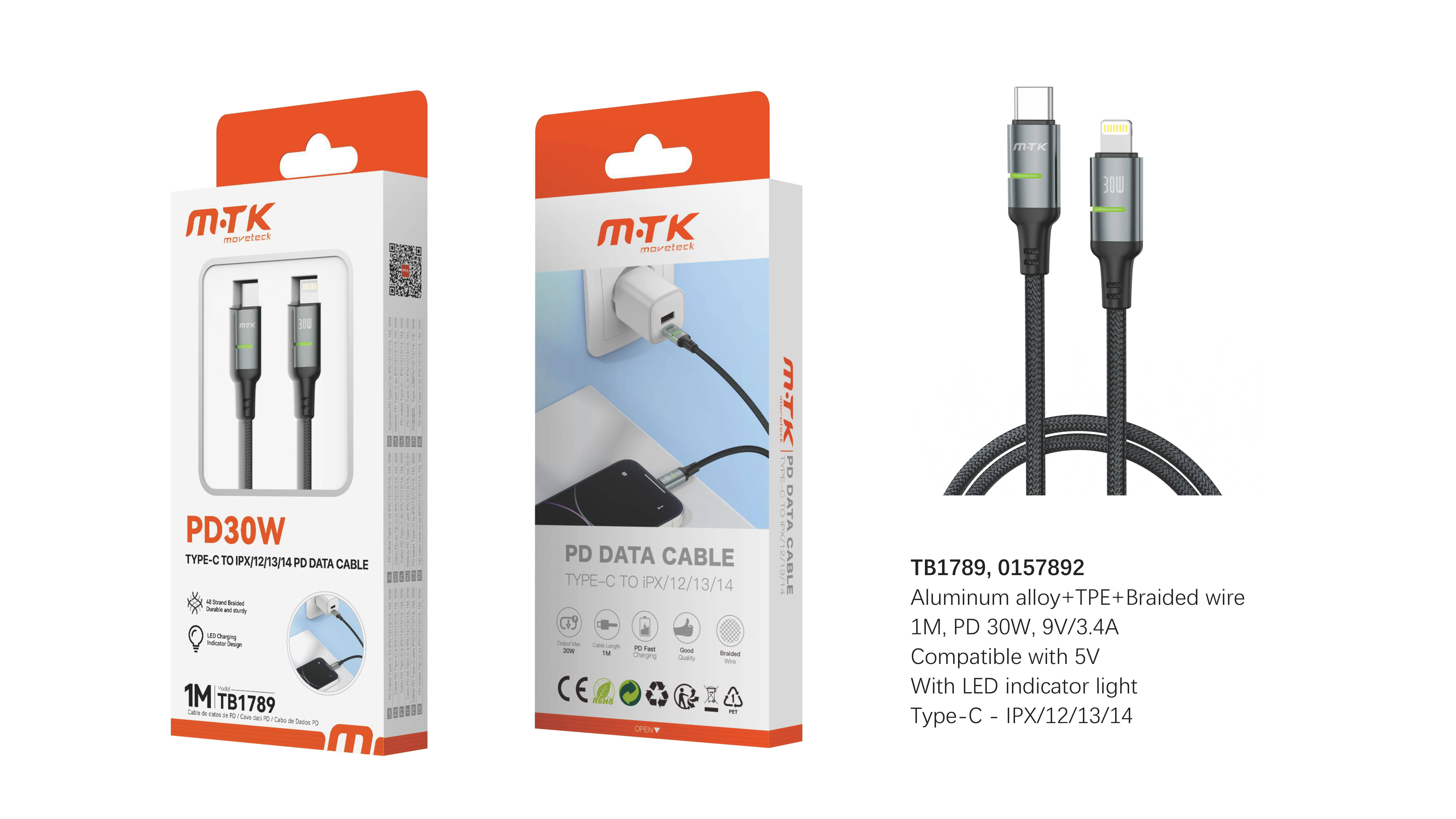 TB1789 Luxury Cable de datos Quantil trenzado para Type-C a Lightning con indicador Led, 30W/9V/3.4A