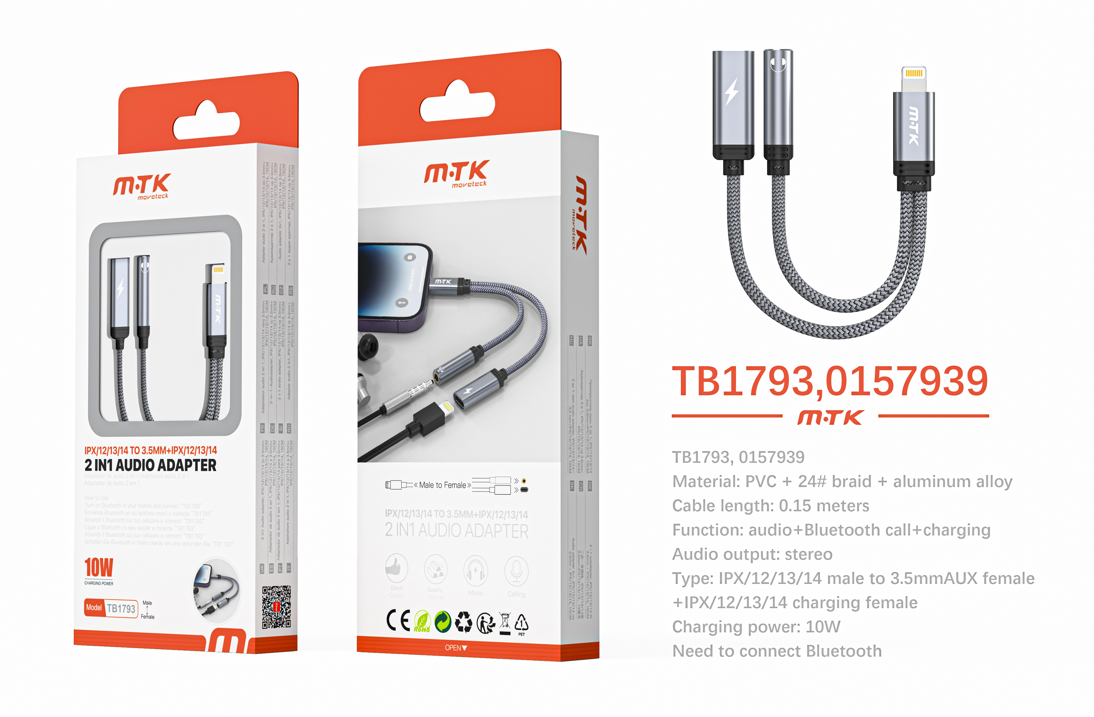 TB1793 GR Luxury Adaptador 2 en  1 Iphone a Iphone carga 10W(Hembra)+ Audio 3.5mm, Necesario conecta