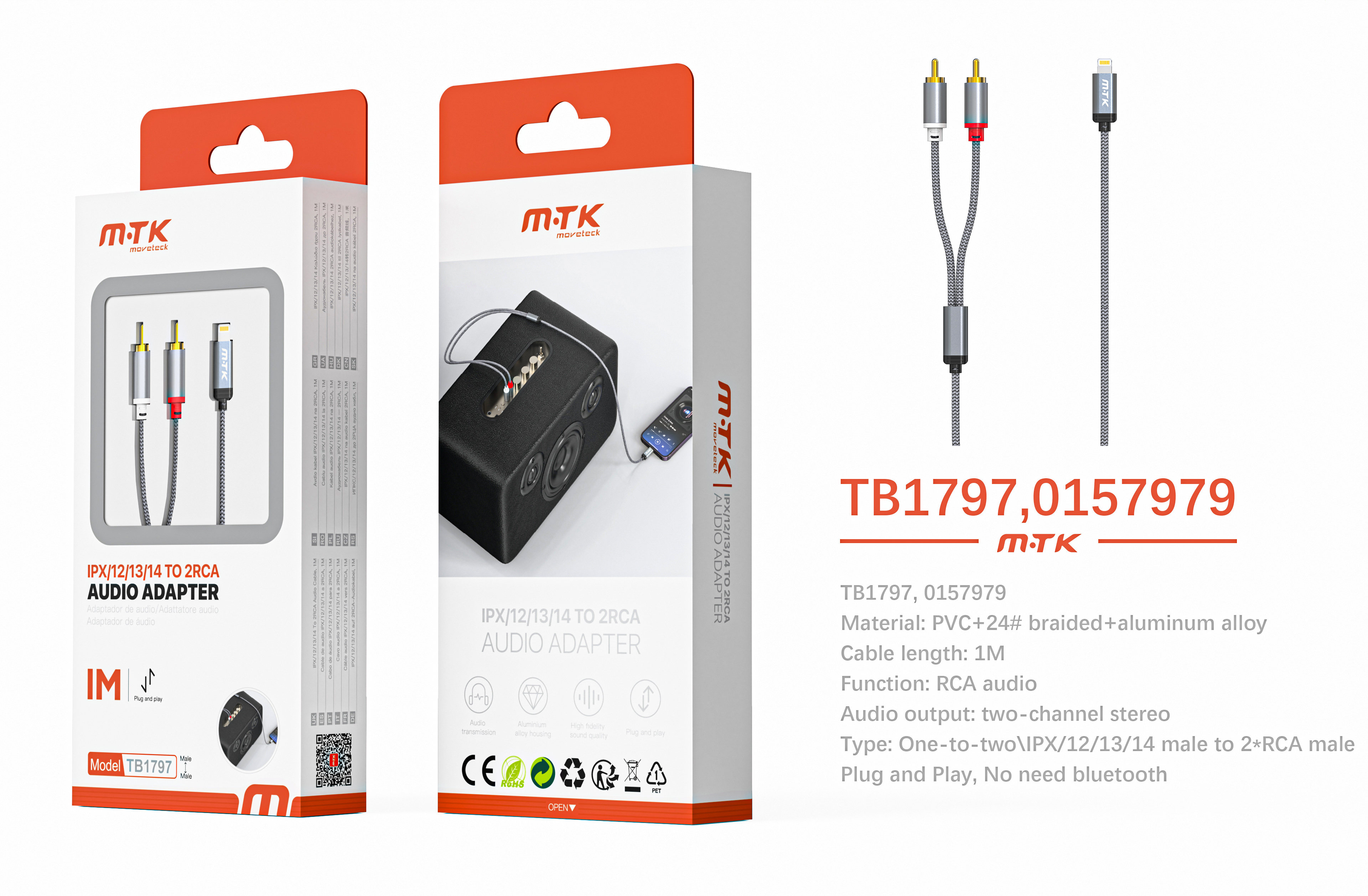 TB1797 GR Luxury Adaptador con cable trenzado Iphone a RCA audio*2 , Plug and Play, 1m, Gris