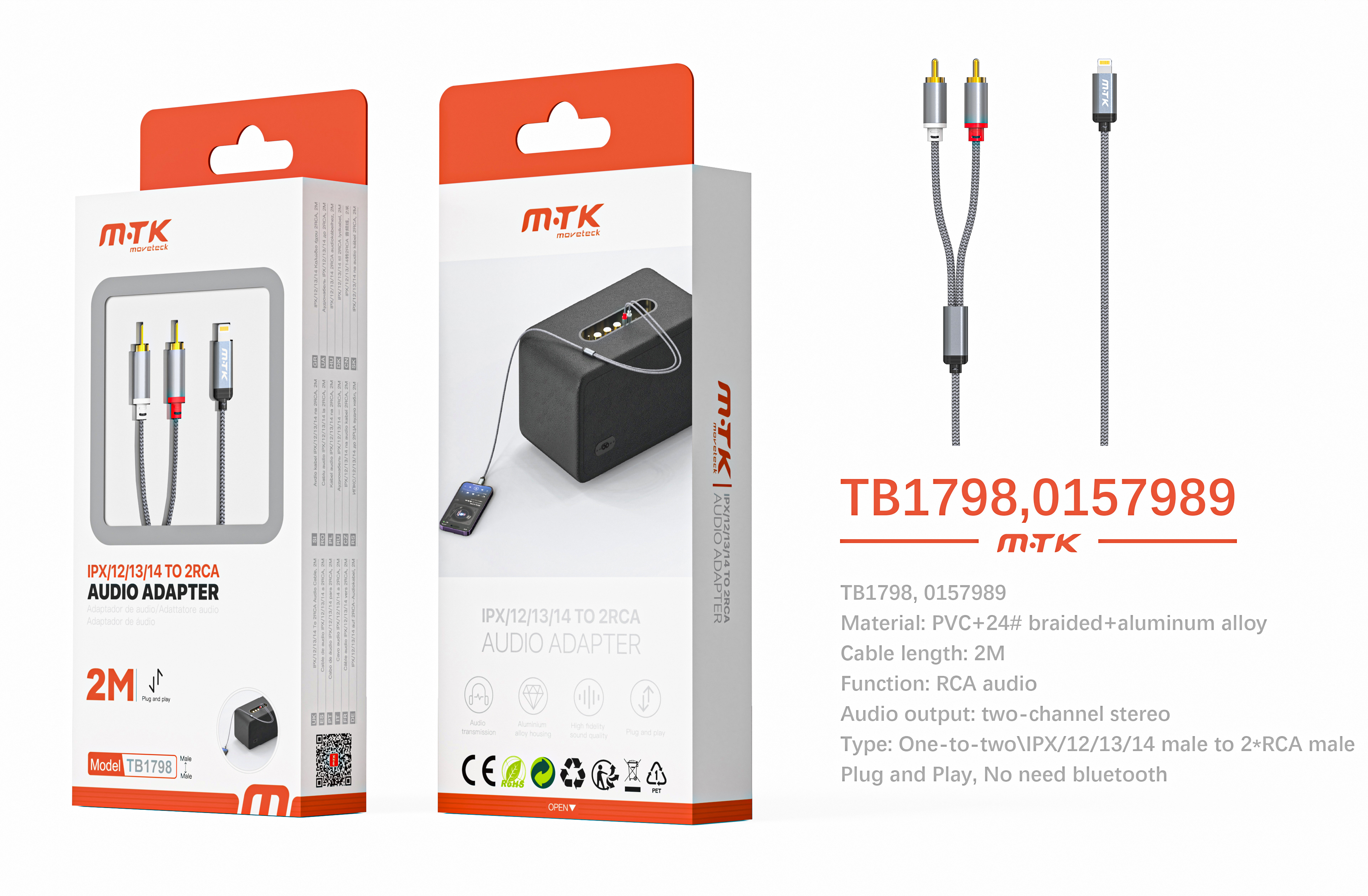 TB1798 GR Luxury Adaptador con cable trenzado Iphone a RCA audio*2 , Plug and Play, 2m, Gris